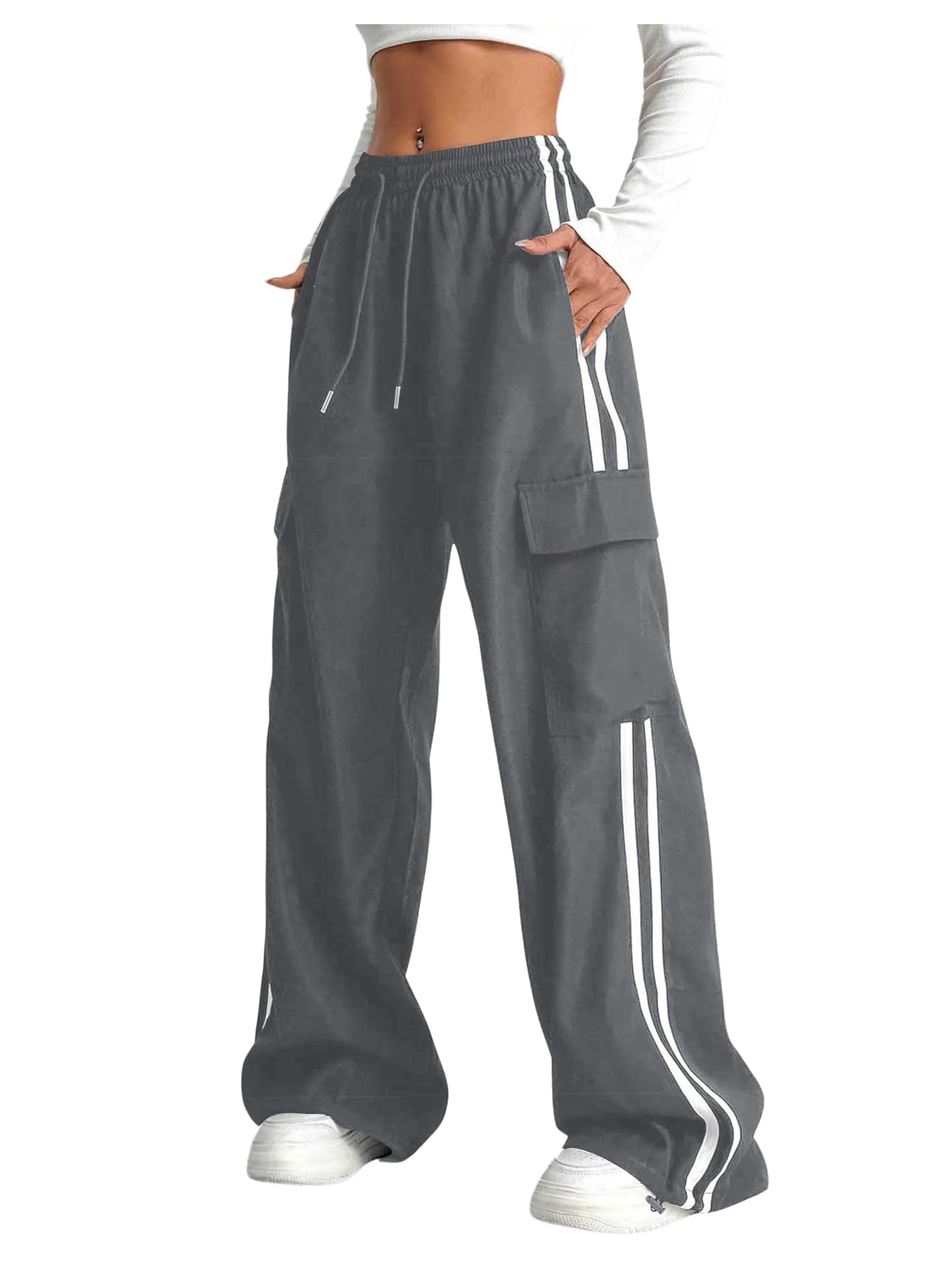Verdusa Women's Cargo Pants Baggy Straight Wide Leg Track Pants Striped Joggers with Pockets Athletic Streetwear