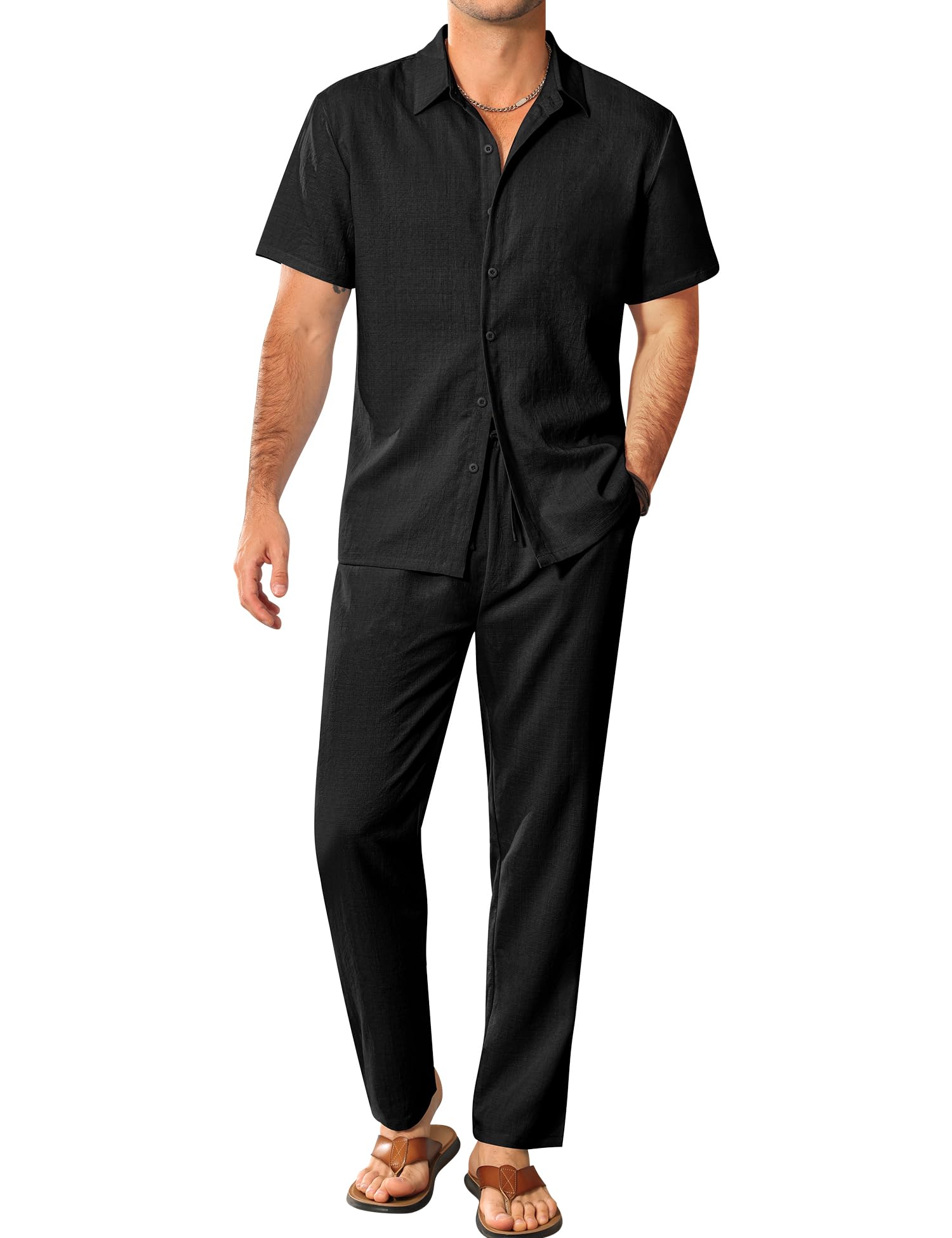 LecGee Mens 2 Piece Texture Outfit Casual Short Sleeve Button Down Shirt and Long Pants Linen Vacation Beach Sets