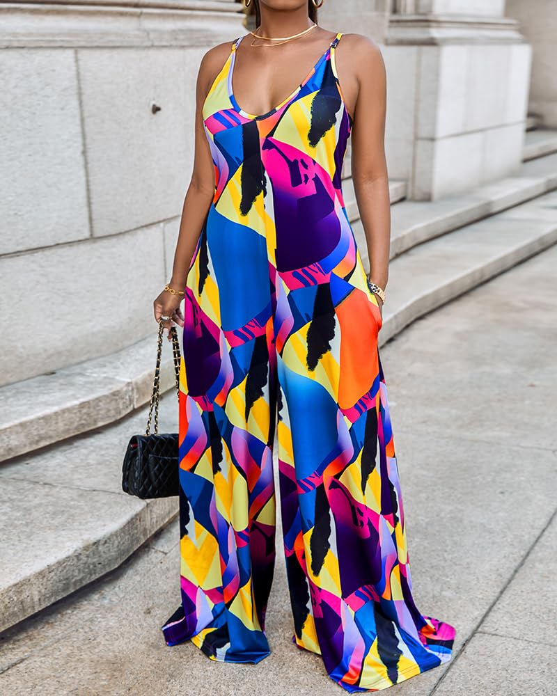 Womens Plus Size Abstract Graphic Jumpsuits with Pockets Spaghetti Strap Wide Leg Pants Loose Fit Casual Long Rompers