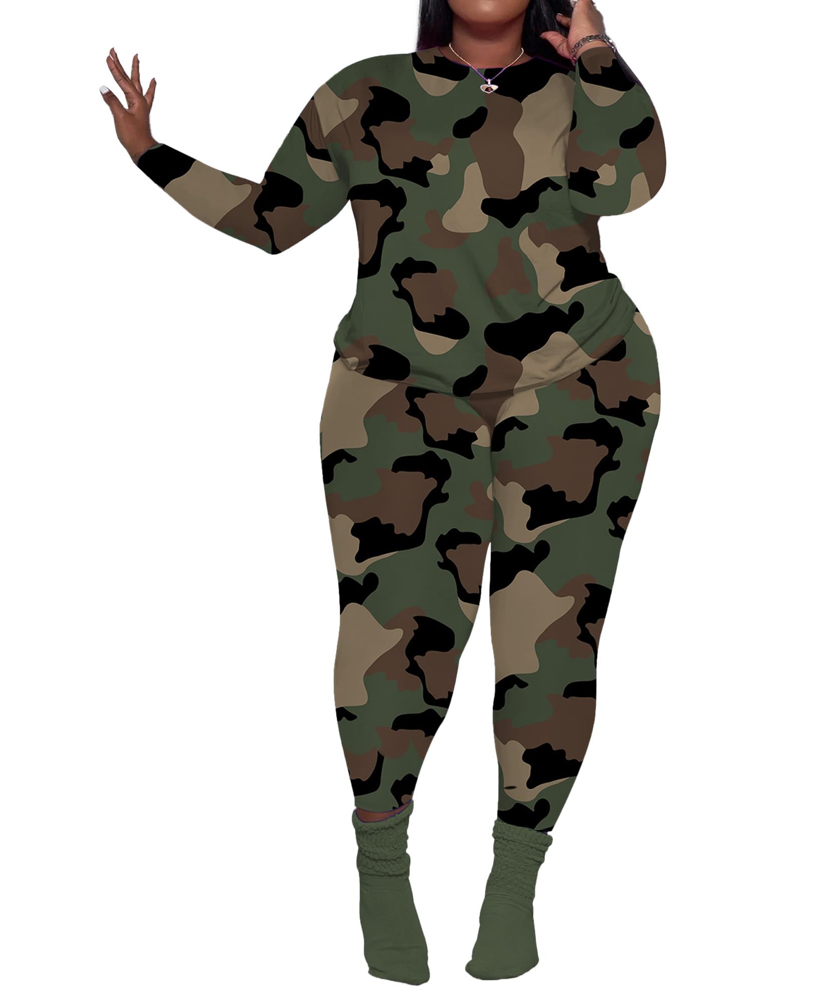 PINSV Women's Plus Size 2 Piece Outfits Tracksuits Long Sleeve Top Pants Sets Sweatsuit