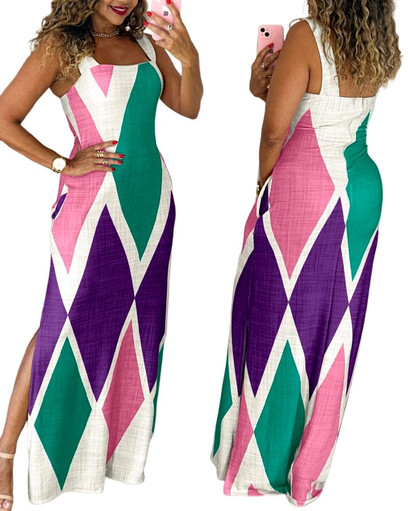 CHICME Women's Summer Maxi Dress Casual Thick Strap Square Neck Boho Sundress Split Vacation Dresses with Pockets