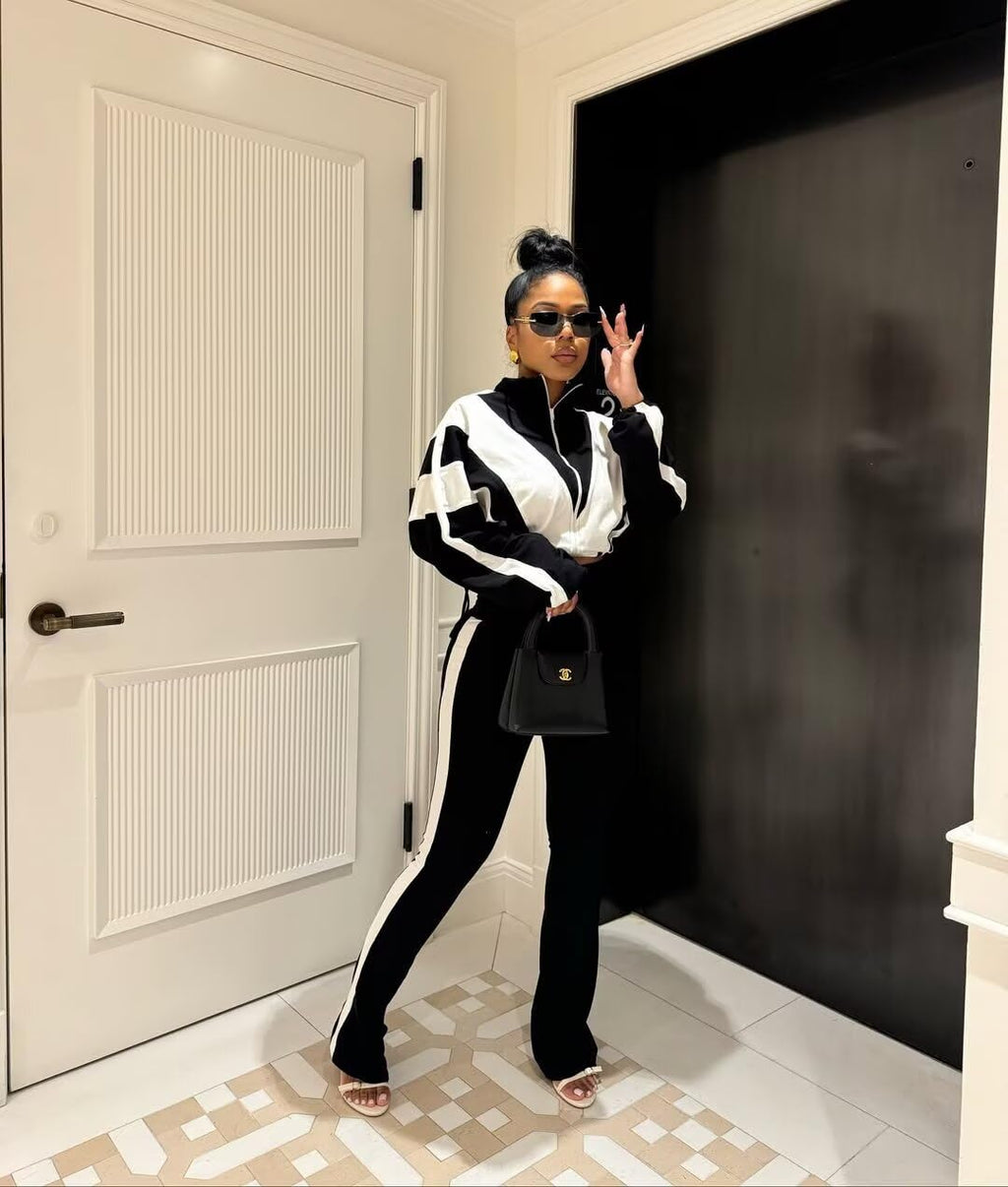 Remelon Womens 2 Piece Set Sweatsuit Color Block Long Sleeve Zip Up Cropped Jacket Legging Pants Set Tracksuit Jogger Outfits
