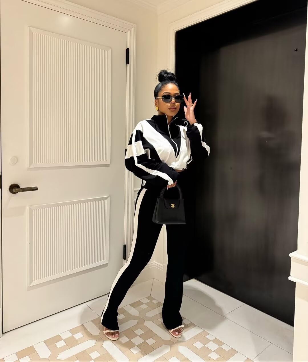 Remelon Womens 2 Piece Set Sweatsuit Color Block Long Sleeve Zip Up Cropped Jacket Legging Pants Set Tracksuit Jogger Outfits