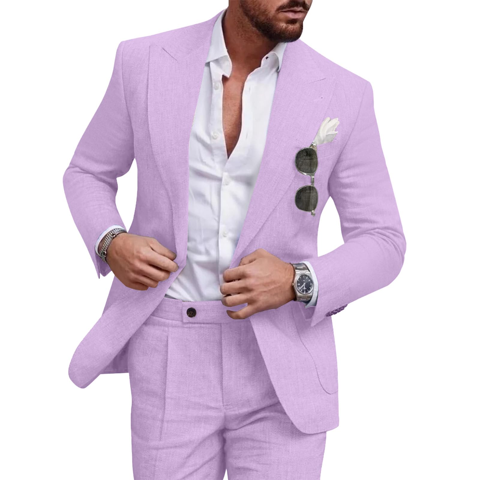 Diaryan Linen Men Suit Set Casual Tuxedo 2 Piece Regular Fit Blazer One Button Solid Jacket and Pants for Prom Wedding Party
