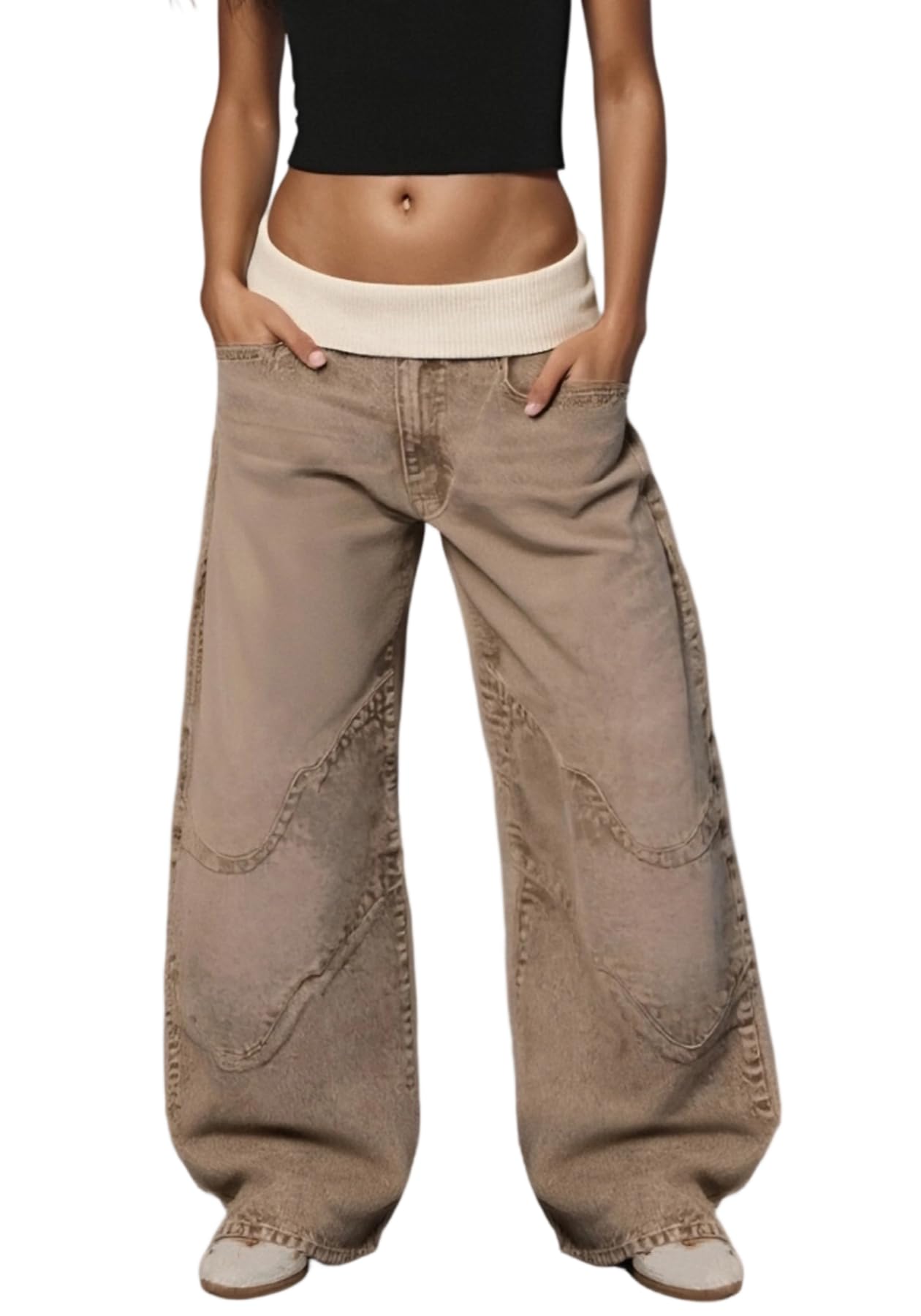 Unybwonn Women Baggy Cargo Jeans High Waist Patchwork Trendy Vintage Denim Pants Wide Leg Distressed Jeans with Pockets
