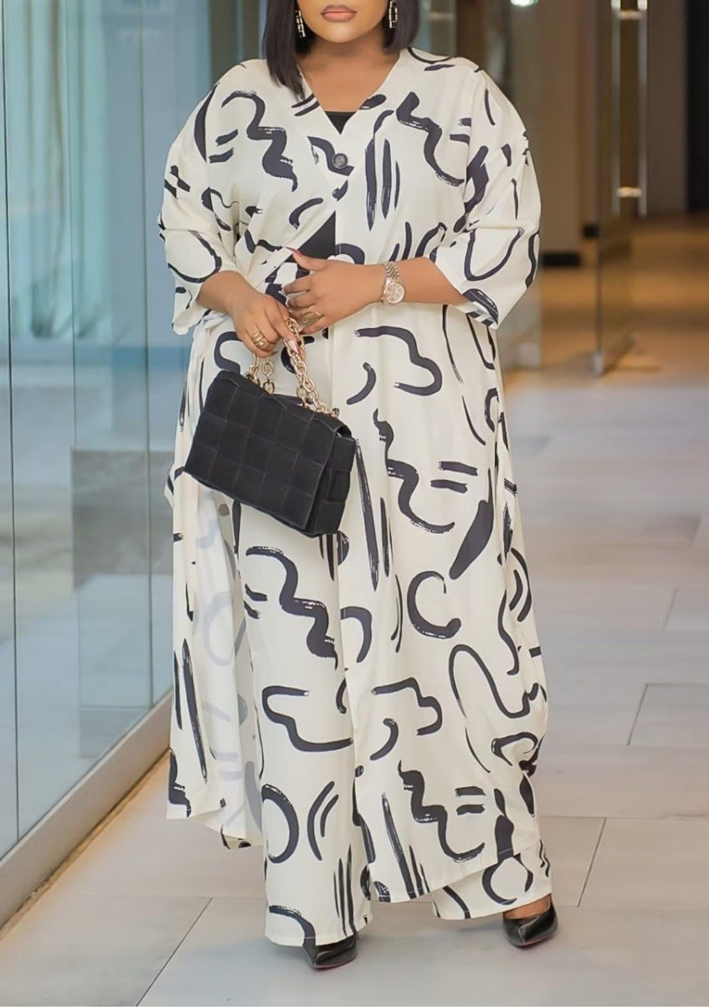 LROSEY Spring African 2 Piece Outfits Caftans for Women Floral V Neck Long Cardigan Cover Up Wide Leg Pants Sets Plus Size