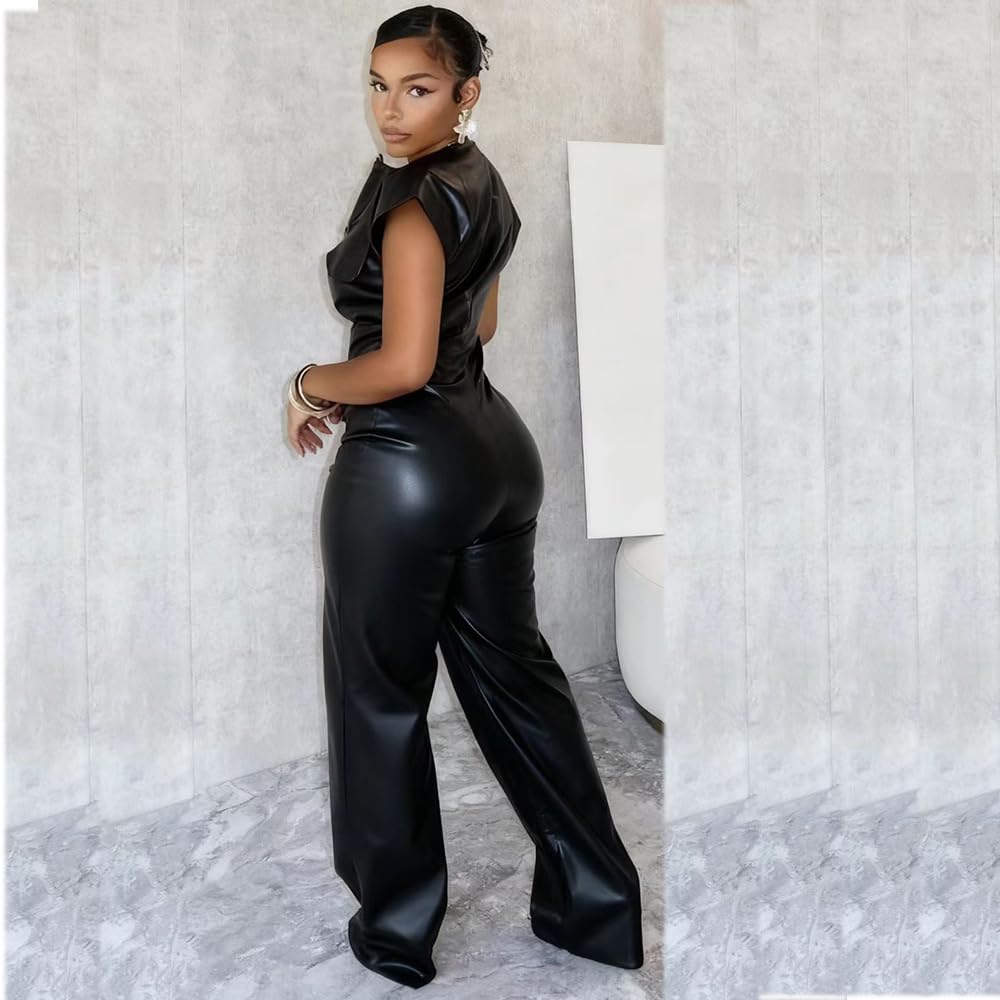 Molilove Womens Leather Jumpsuit Sexy Sleeveless Button Top Bodycon Jumpsuit Faux Leather Cargo Pants Romper Party Clubwear