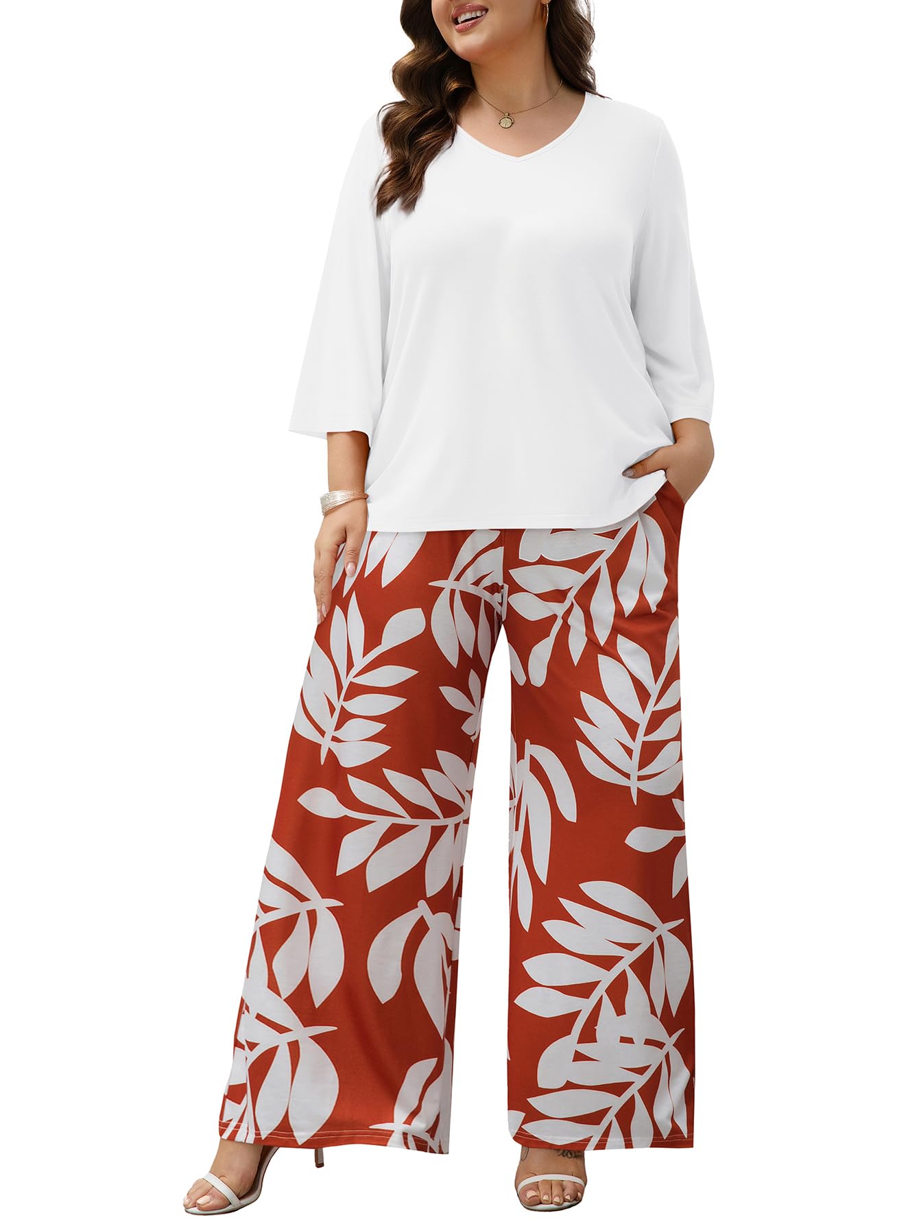 Auciccoo Womens Plus Size Lounge Sets 2 Piece Outfits 3/4 Sleeve Pullover Tops Wide Leg Pants Travel Loungewear