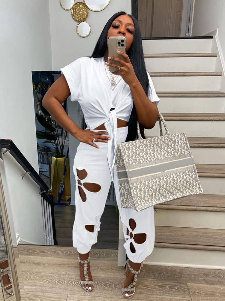 KEYUFANG Women 2 Piece Outfits Set Casual Crop Top Shirt Hollowed Out Sweatpants Women Fashion Tracksuit