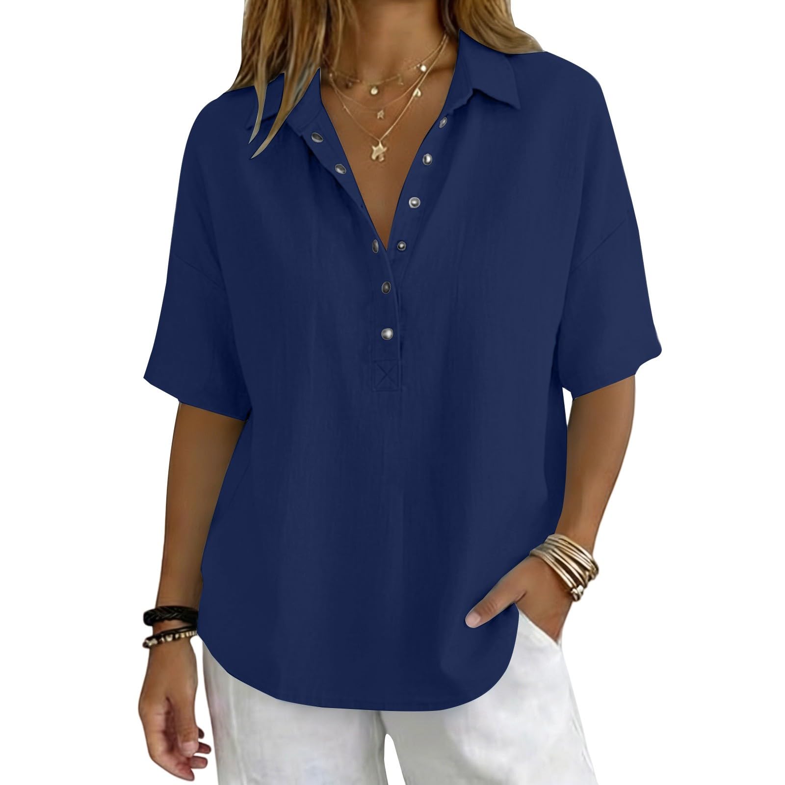 Linen Tops for Women Breathable Gauze Shirts Cotton Button Down Summer Elbow Length Blouses Dressy Casual Clothes
