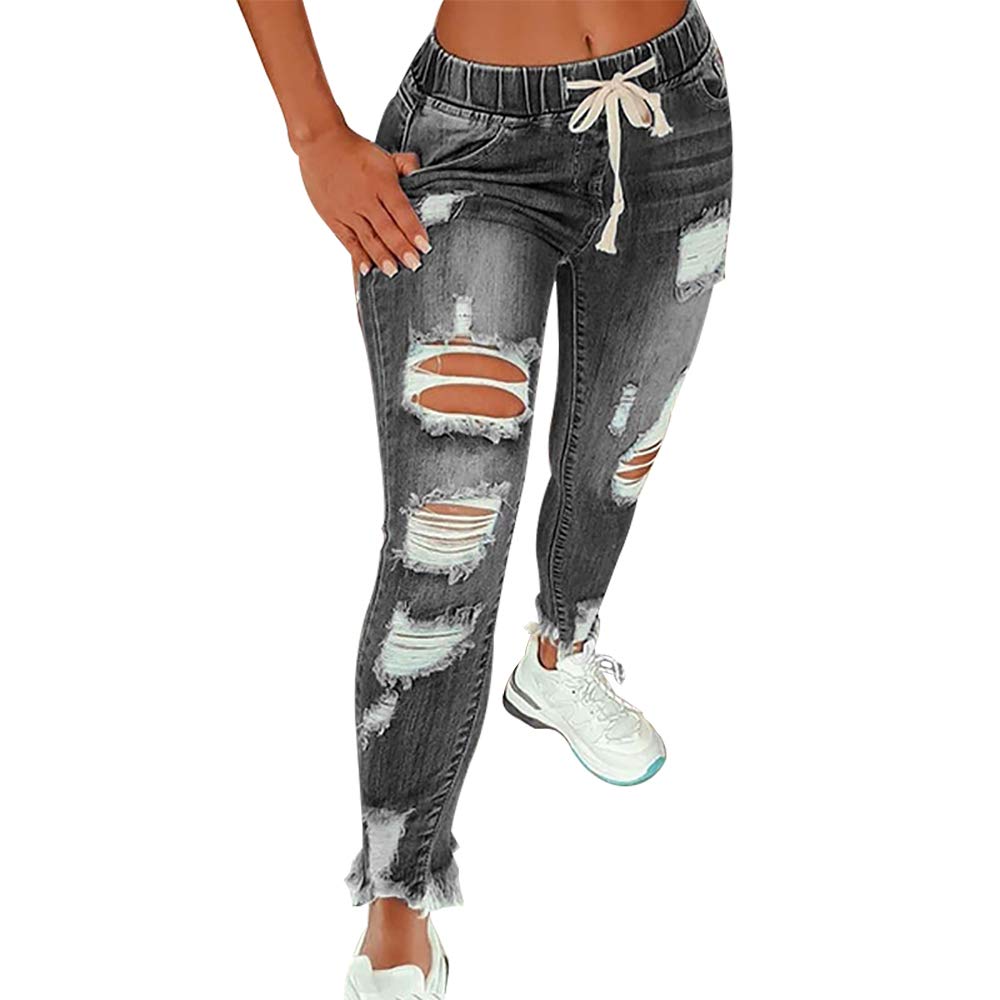 KUNMI Women High Waist Skinny Stretch Ripped Jeans Destroyed Denim Pants Plus Size