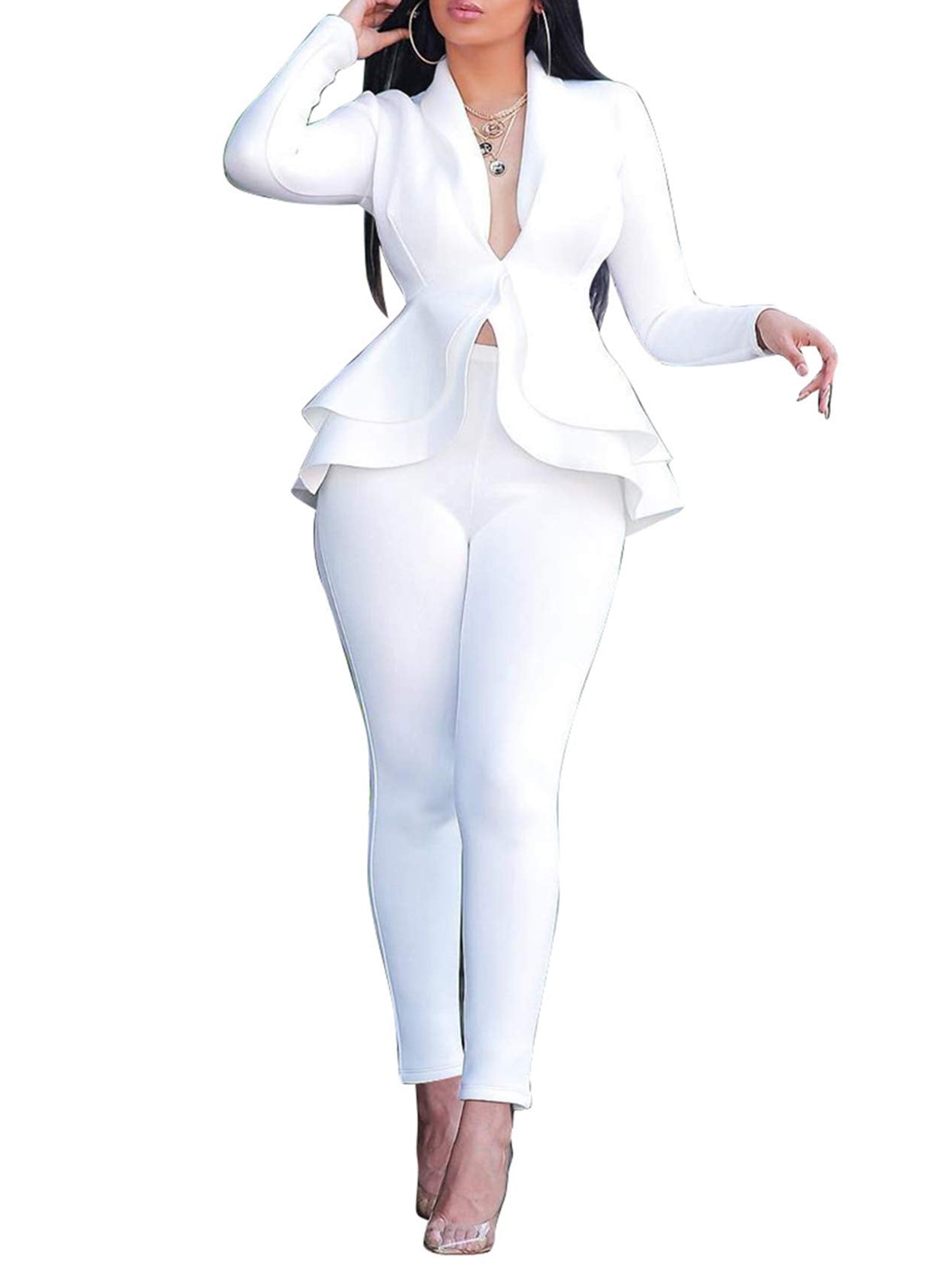 Salimdy Sexy 2 Piece Outfits for Women Long Sleeve Solid Blazer with Pants Casual Elegant Business Suit Sets