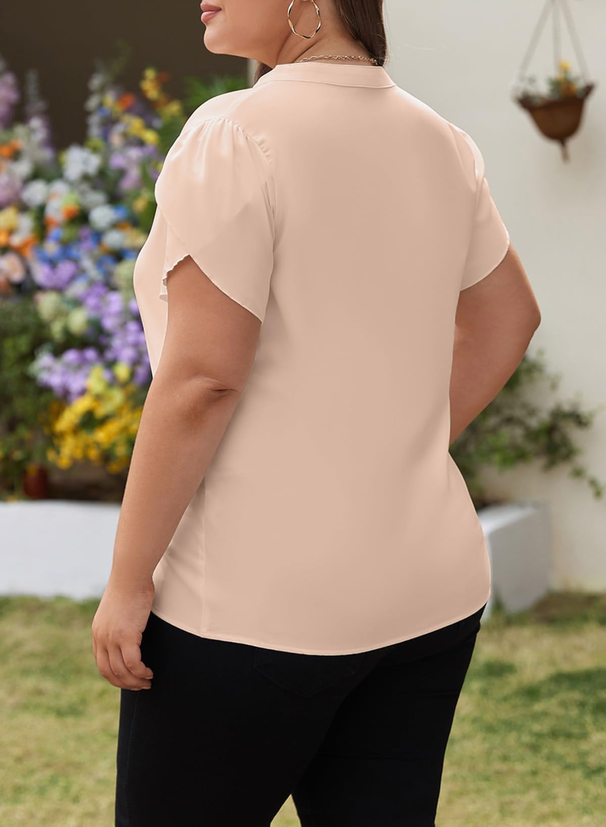 Eytino Women Plus Size Shirts Summer V Neck Petal Sleeve Business Work Dressy Blouse Tops(1X-5X)