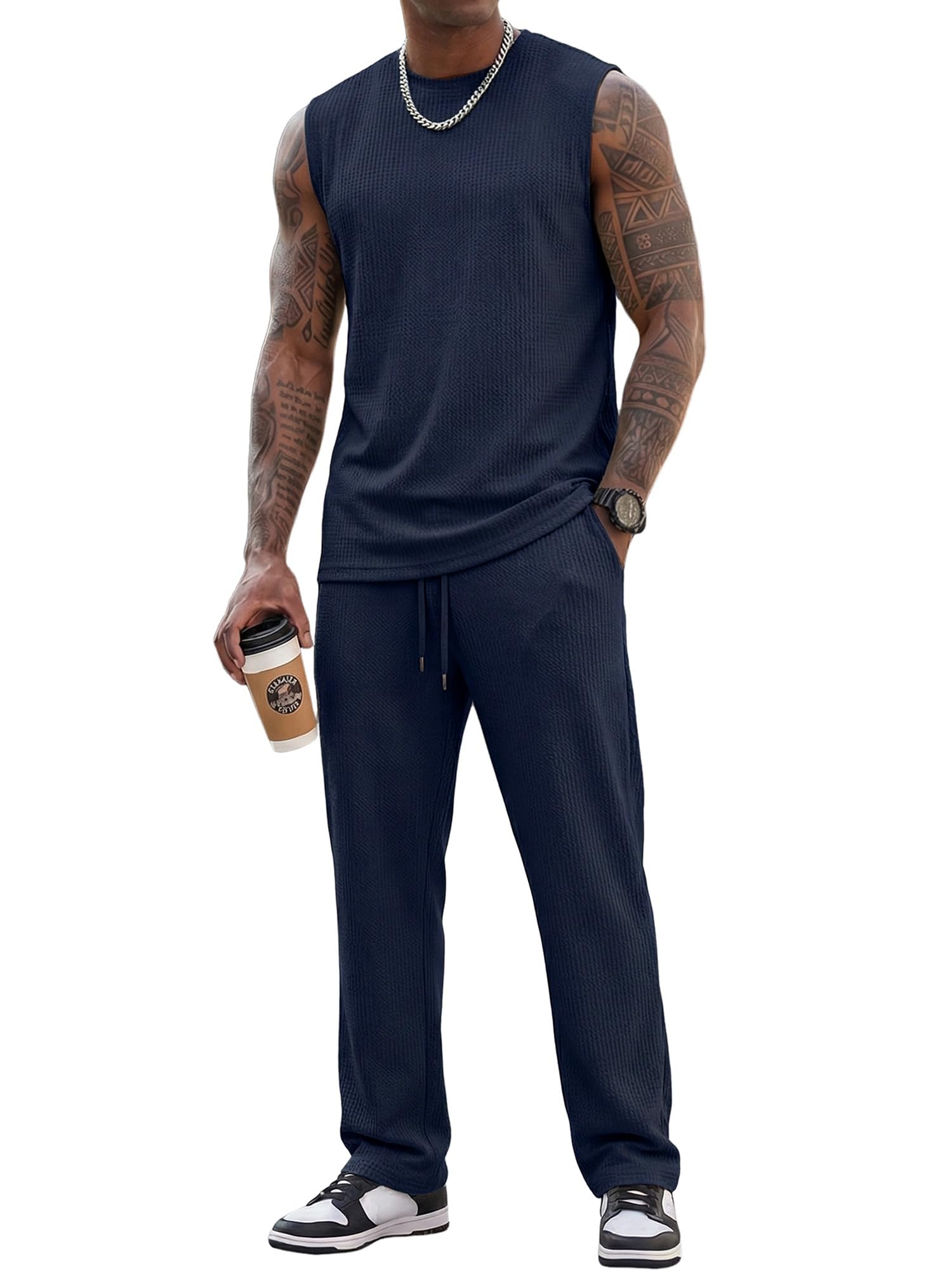 JMIERR Men Fashion 2 Piece Set Casual Muscle Tank Baggy Pants Stretch Textured Beach Street HipHop Sleeveless Shirts