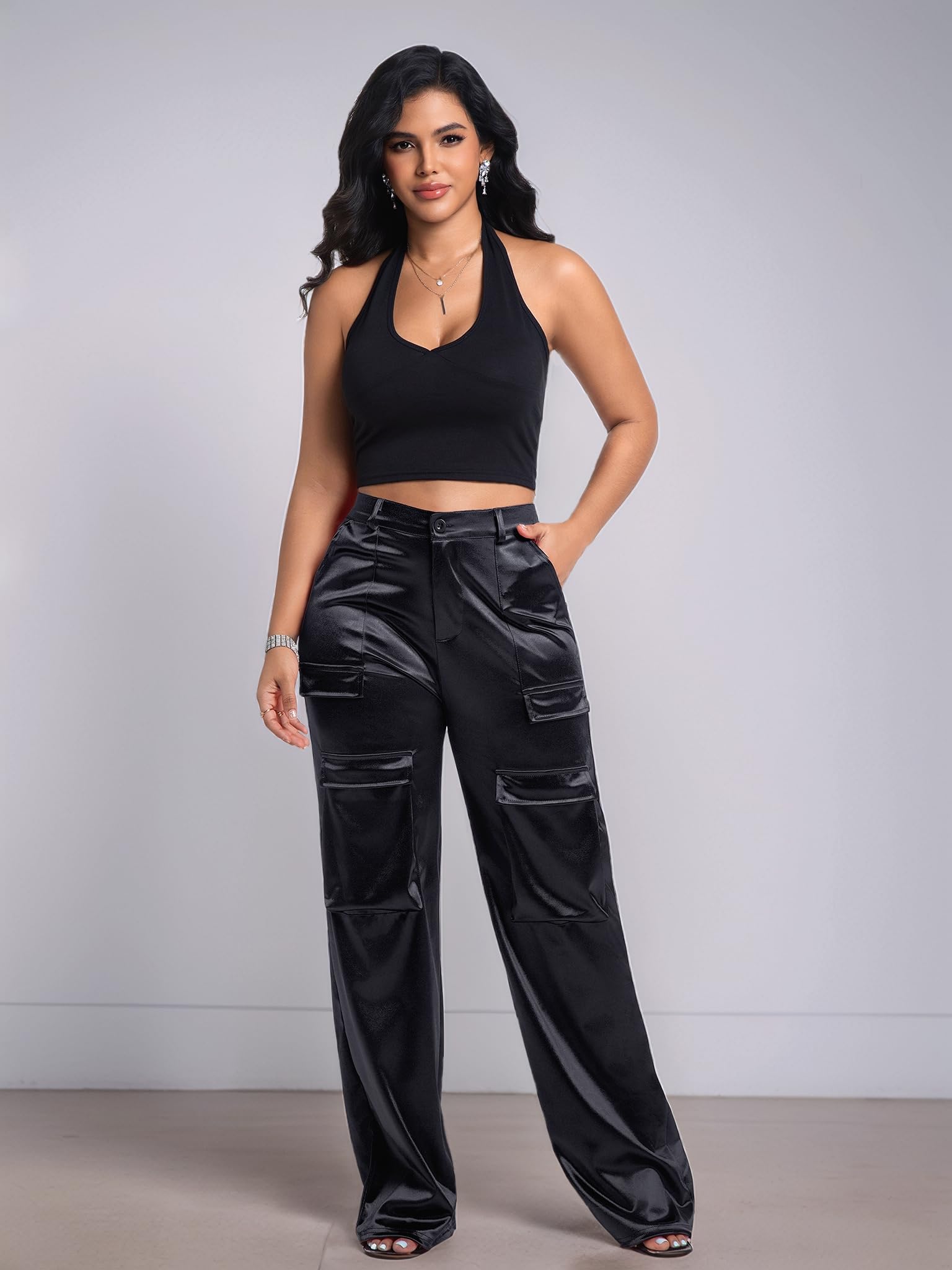 Aressdom Metallic Satin Cargo Pants for Women High Waisted Wide Leg Pants with Pockets, Dressy Going Out Concert Outfits