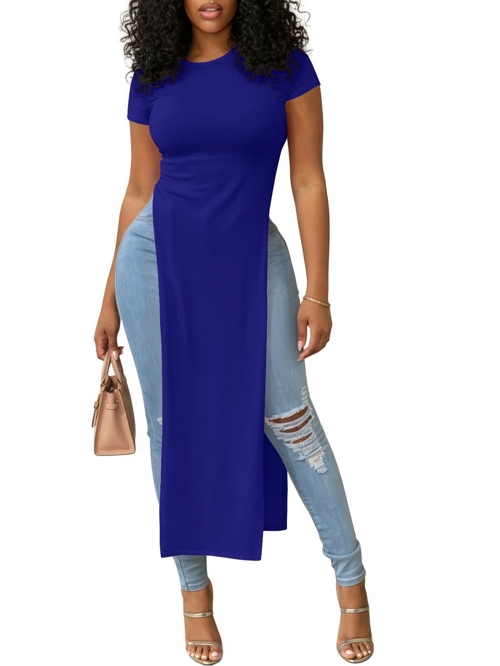 OPOIPIN Women's Crew Neck Split Slit Hem Short Sleeve Slim Fit Tee Top Long Shirt Tunic