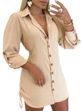 CHICME Women Shirt Dress Long Sleeve Button Down Blouses Side Drawstring Mini Dresses