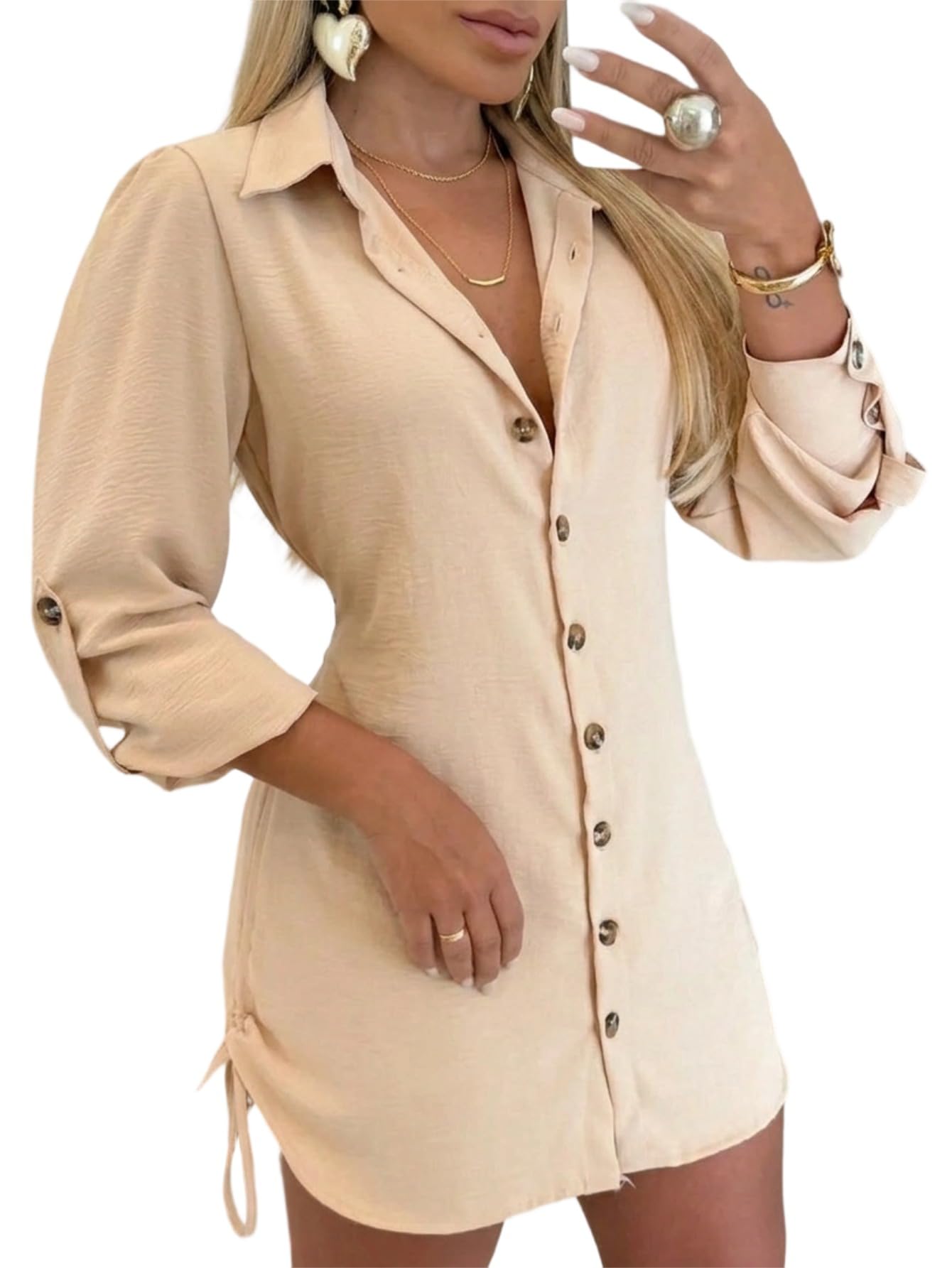 CHICME Women Shirt Dress Long Sleeve Button Down Blouses Side Drawstring Mini Dresses