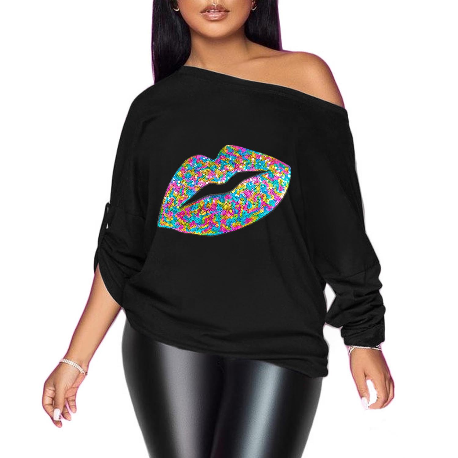 PESION Womens Off The Shoulder Tops Sexy Shiny Metallic Shirts Long Sleeves Fashion Graphic T-Shirts Blouses