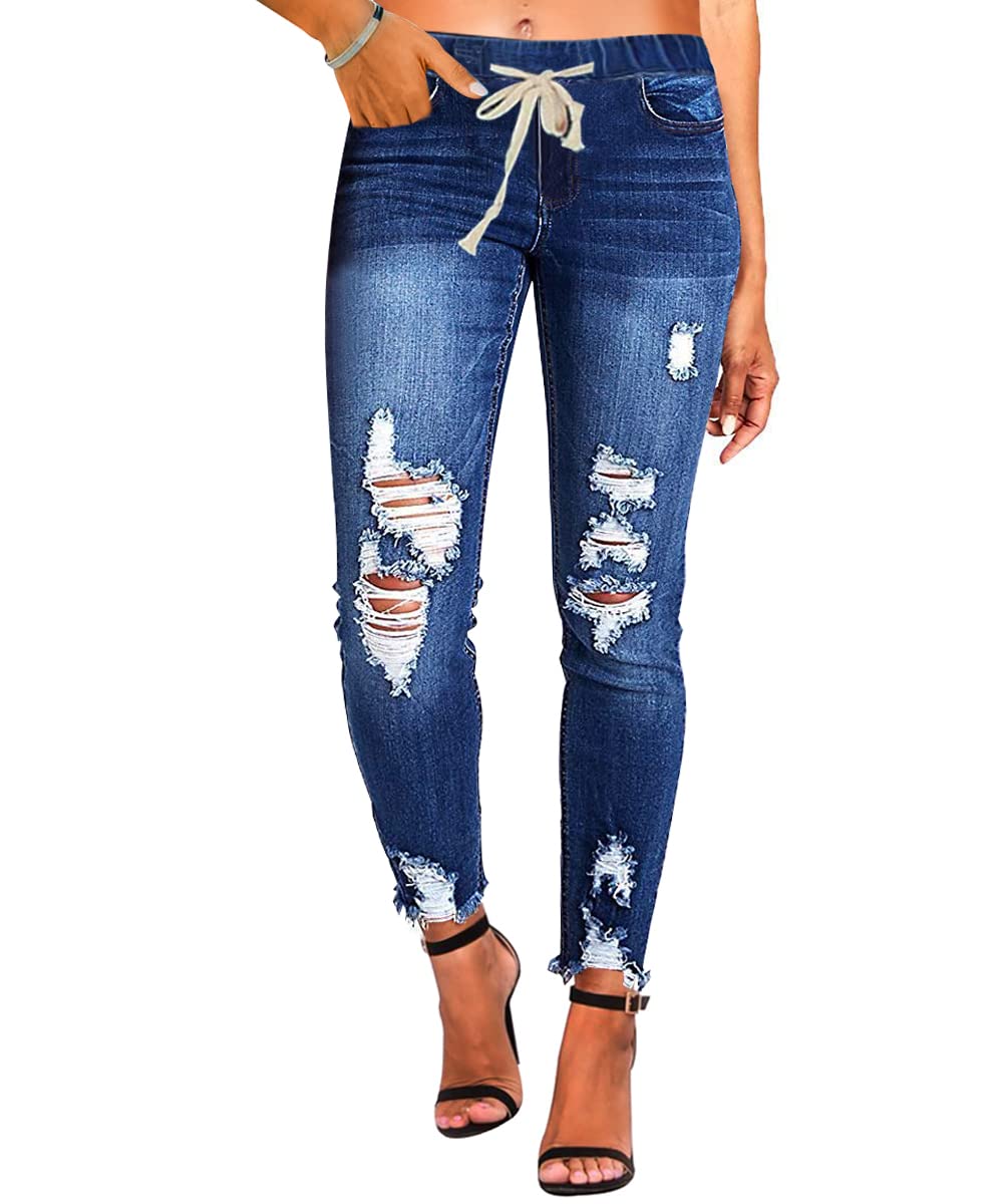 KUNMI Women High Waist Skinny Stretch Ripped Jeans Destroyed Denim Pants Plus Size