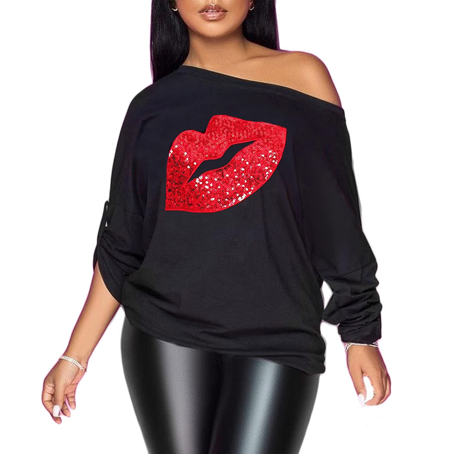 PESION Womens Off The Shoulder Tops Sexy Shiny Metallic Shirts Long Sleeves Fashion Graphic T-Shirts Blouses