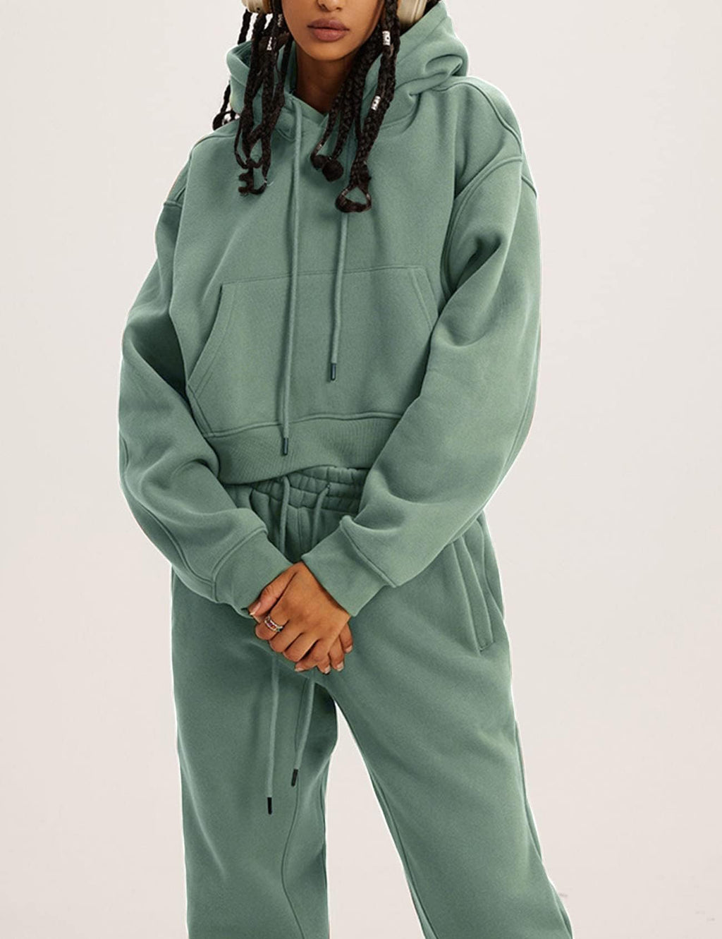 Flygo Womens Fleece 2 Piece Outfits Sweatsuit Crop Pullover Sweatshirt Joggers Pants Tracksuit Set
