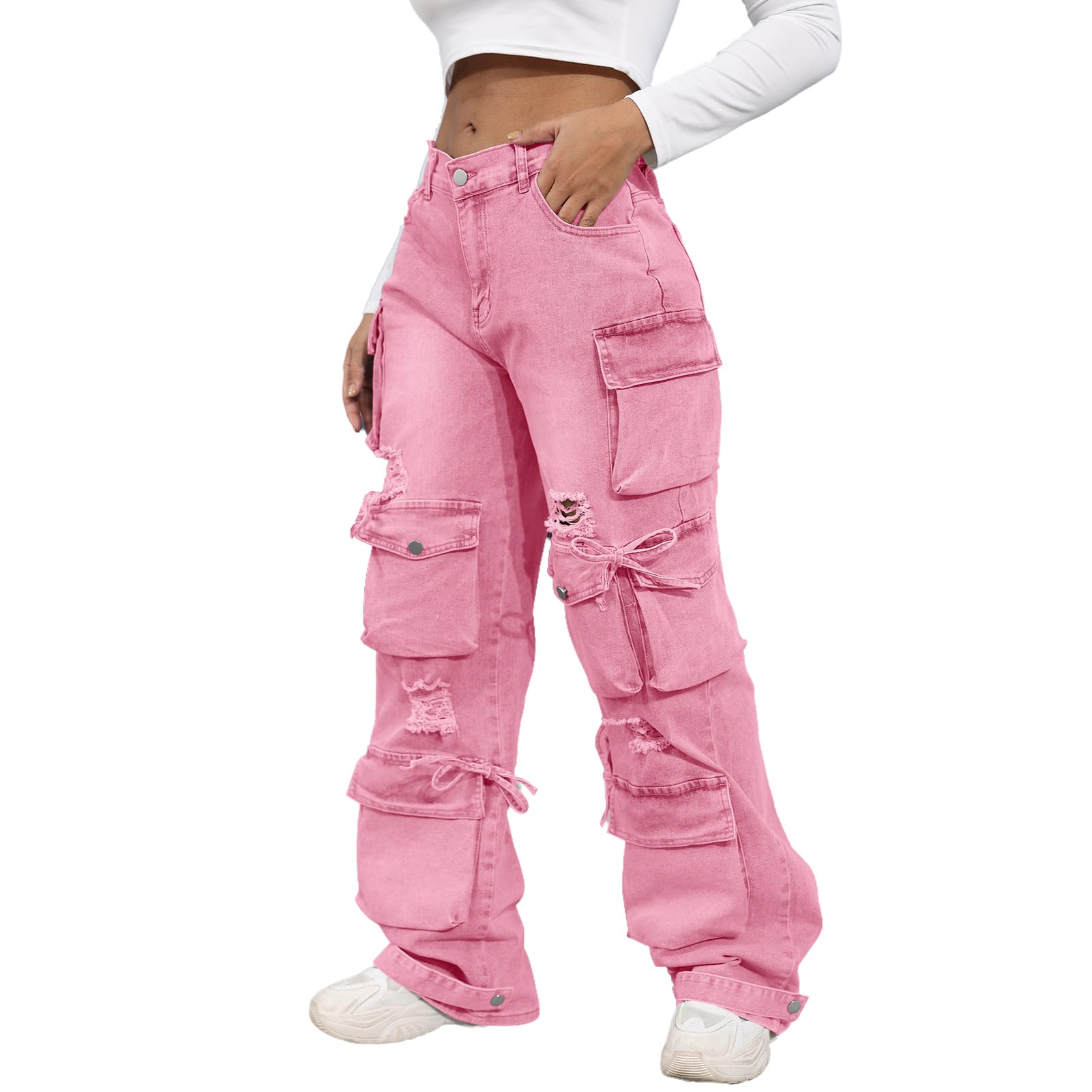 ThusFar Women's High Waist Baggy Jeans Flap Pocket Cargo Pants Loose Denim Pants Streetwear