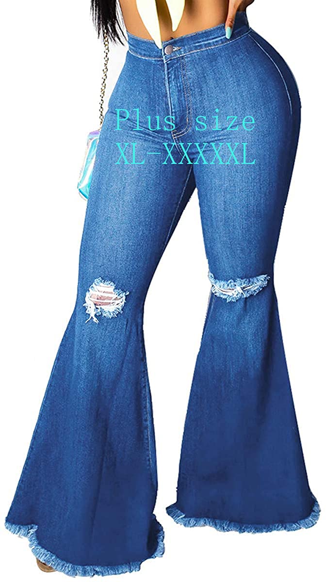 BessCops Plus Size Bell Bottom Jeans for Women Elastic High Waisted Classic Flared Denim Pants