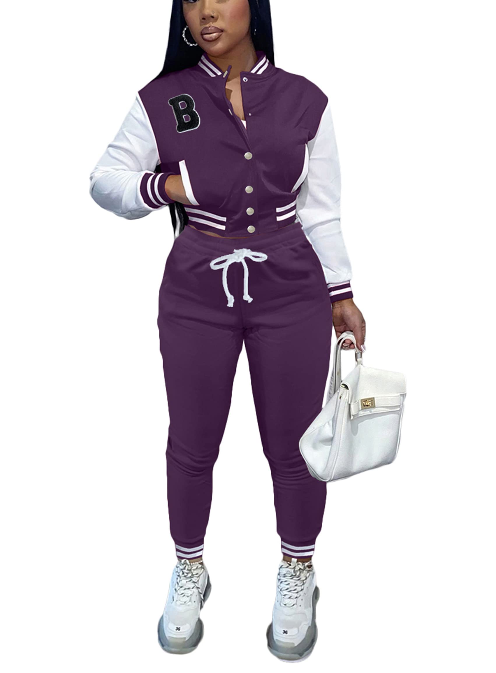 Fooullaide Women's Varsity Jacket Sweatsuit 2 Piece Tracksuit Crop Top Button Down Letterman Jackets Pants Sets