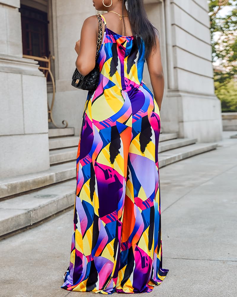 Womens Plus Size Abstract Graphic Jumpsuits with Pockets Spaghetti Strap Wide Leg Pants Loose Fit Casual Long Rompers