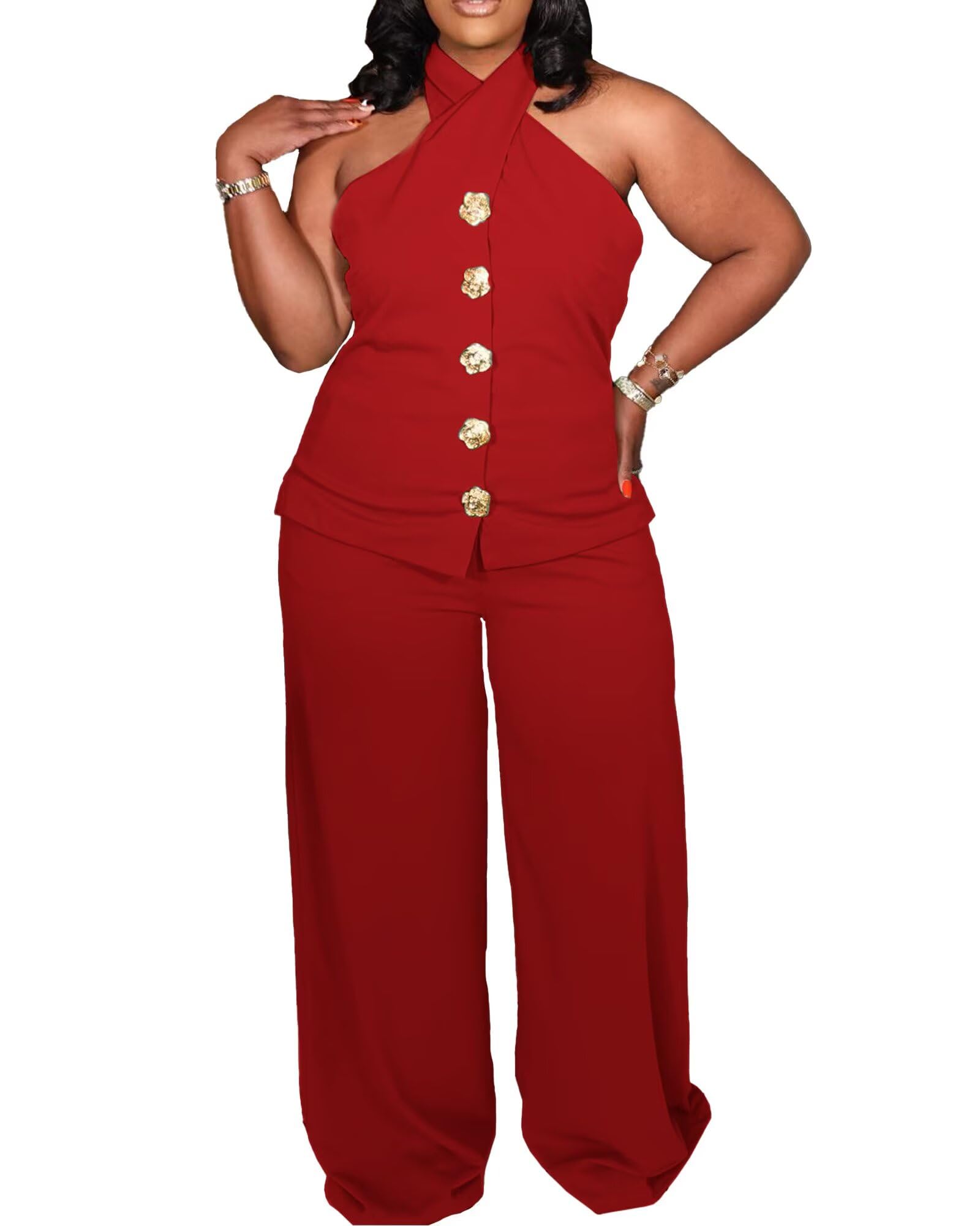 Womens Plus Size Two Piece Outfits Summer Button Halter Neck Vest Tank Tops Wide Leg Pants Suit Matching Sets