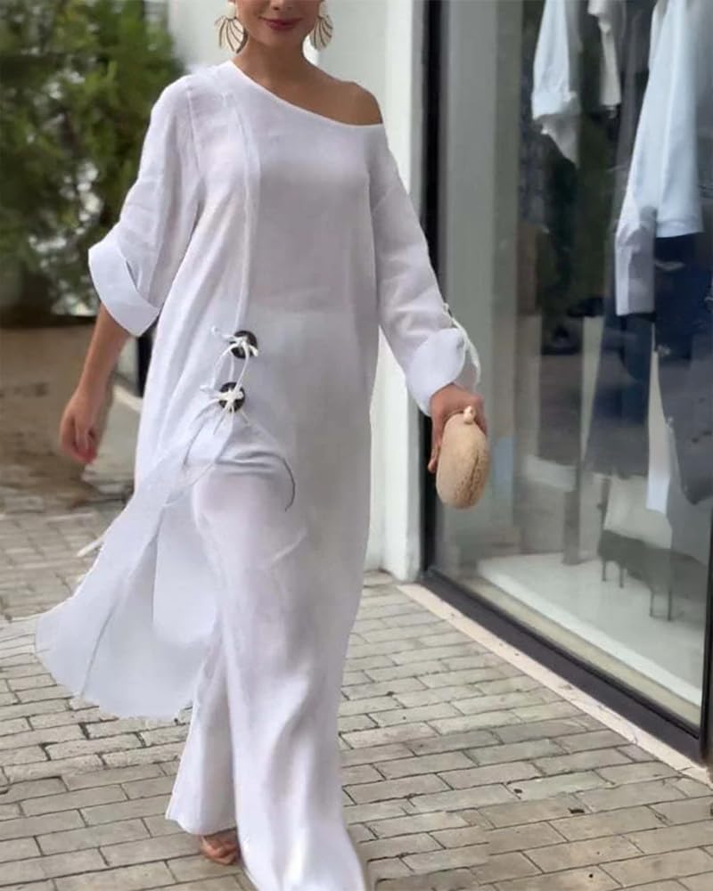 CHICME Women 2 Piece Outfits Cold Shoulder Long Sleeve Top Wide Leg Pants Linen Matching Lounge Set