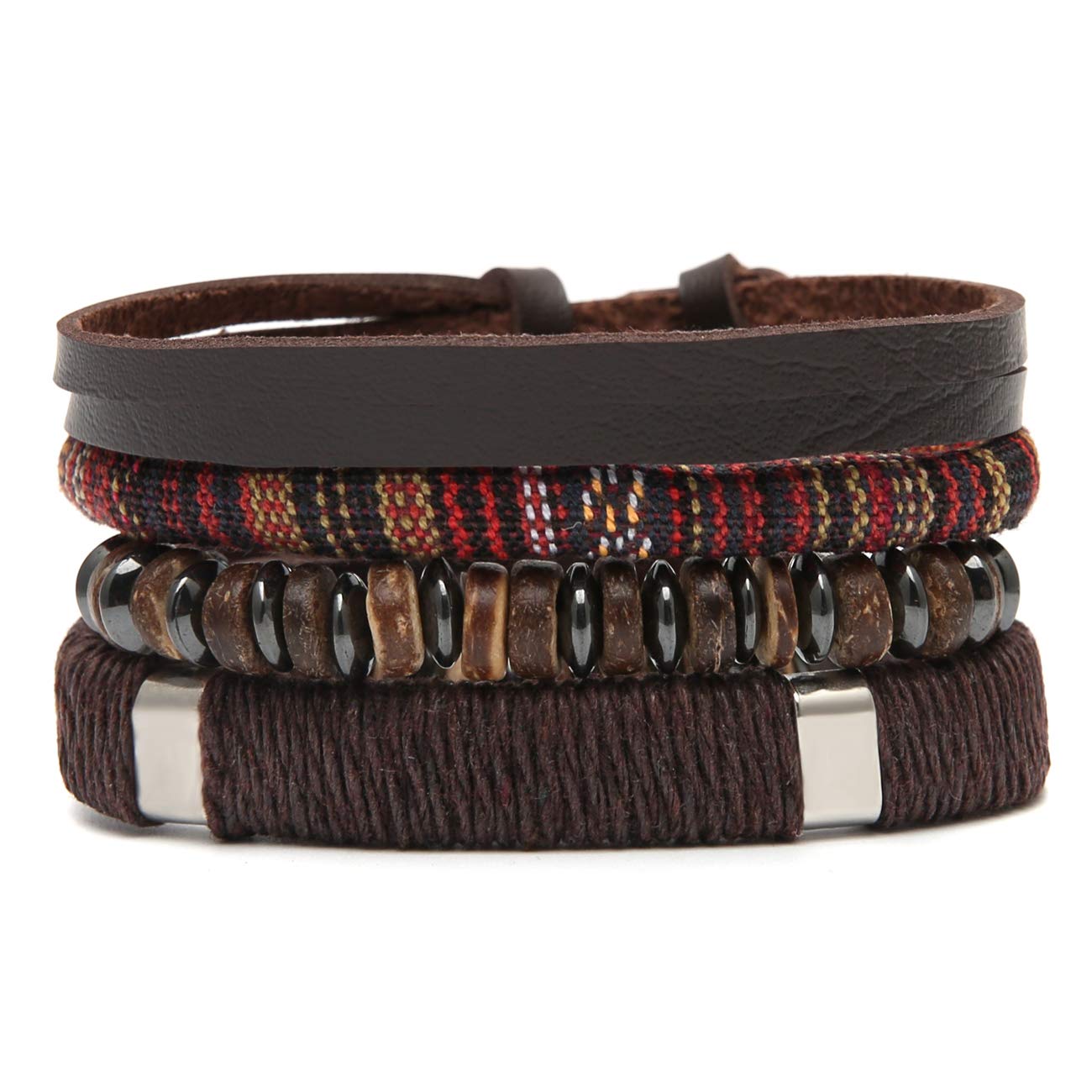 HZMAN Wrap Bracelets Men Women, Hemp Cords Wood Beads Ethnic Tribal Bracelets, Leather Wristbands