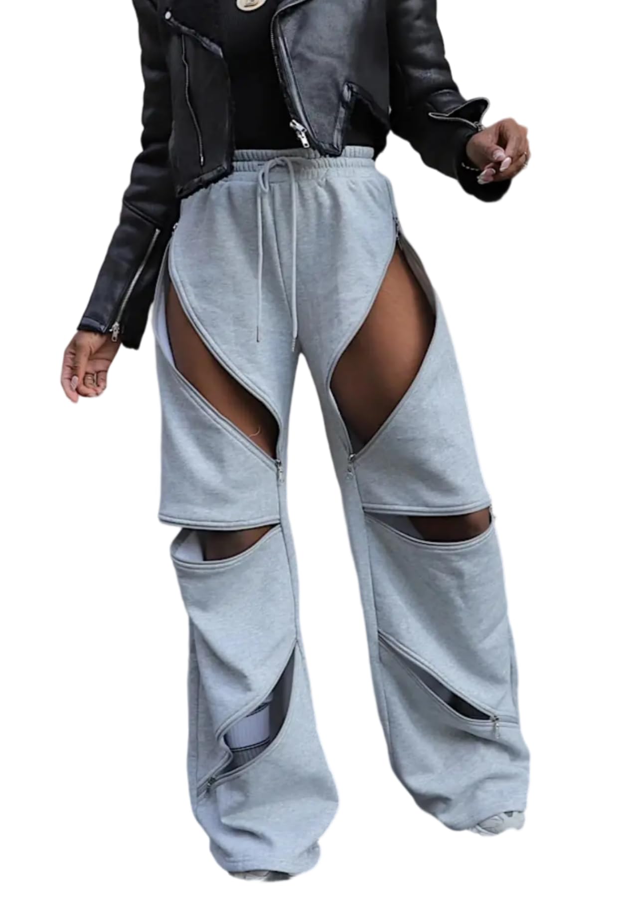 Unybwonn Women High Waist Wide Leg Y2k Sweatpants Baggy Patchwork Multi Zipper Ripped Cutout Joggers Pants Streetwear
