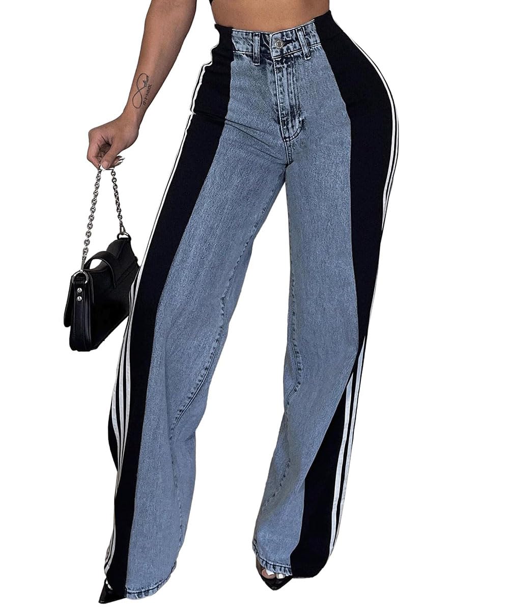 knowfashionstyle Womens Jeans High Waisted Wide Leg Patchwork Stripes Stretchy Jean Color Block Straight Trendy Demin Pants