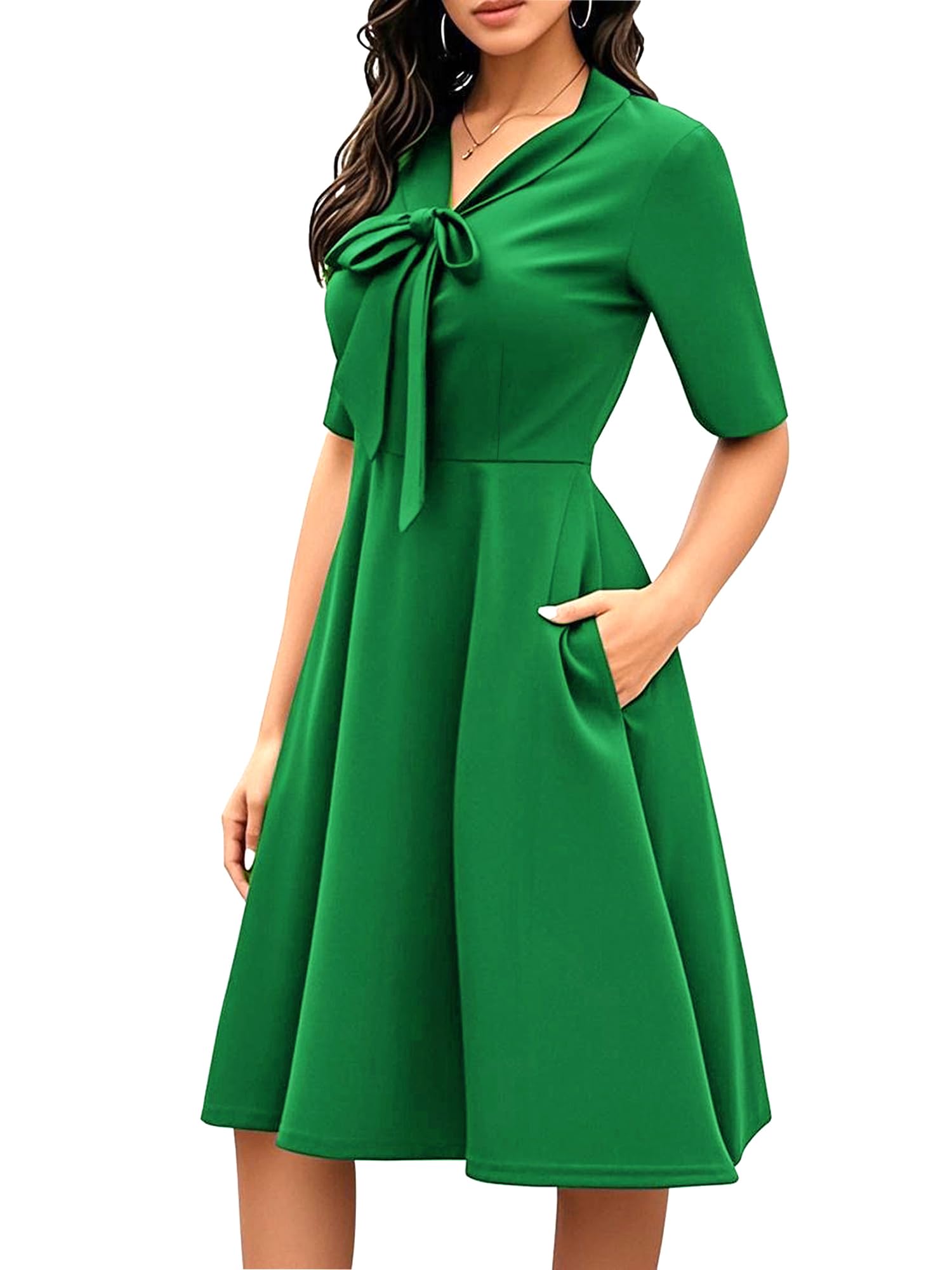 oxiuly Women's Vintage Bow Tie V-Neck Pockets Casual Work Party Cocktail Swing A-line Dresses OX278