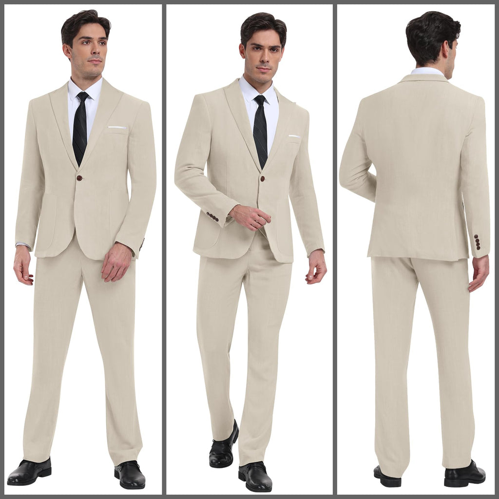 Diaryan Linen Men Suit Set Casual Tuxedo 2 Piece Regular Fit Blazer One Button Solid Jacket and Pants for Prom Wedding Party