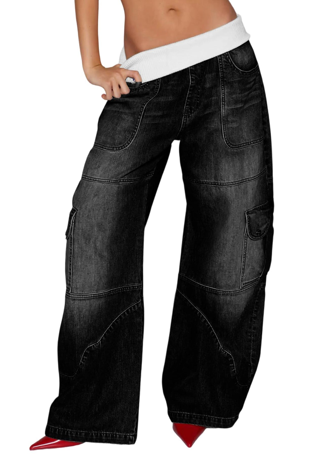 Unybwonn Women Baggy Cargo Jeans High Waist Patchwork Trendy Vintage Denim Pants Wide Leg Distressed Jeans with Pockets