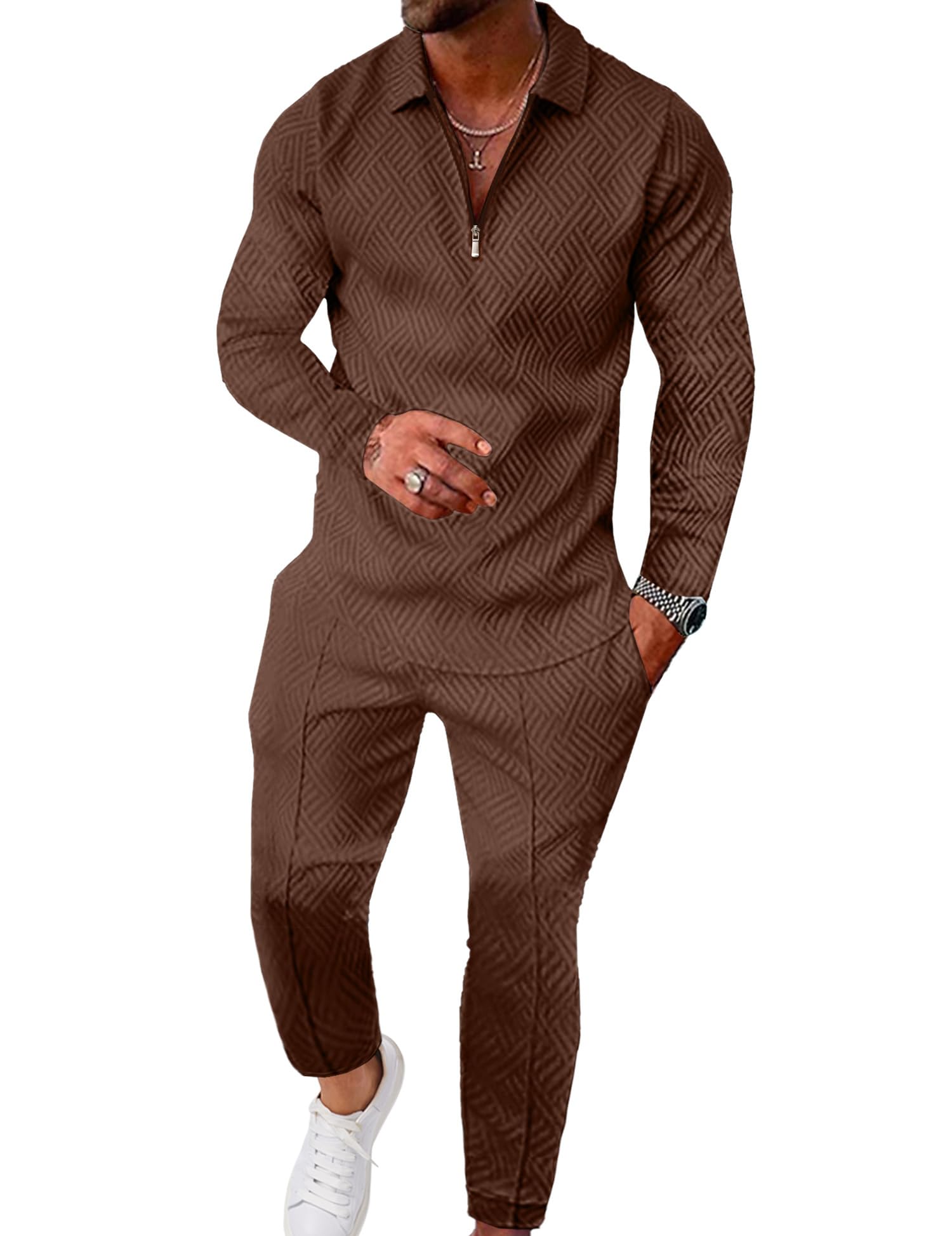 UOUA Mens 2 Piece Set Casual Outfits Polo Long Sleeve Shirt & Pants Tracksuit Loungewear Athletic Jogger Sweatsuit