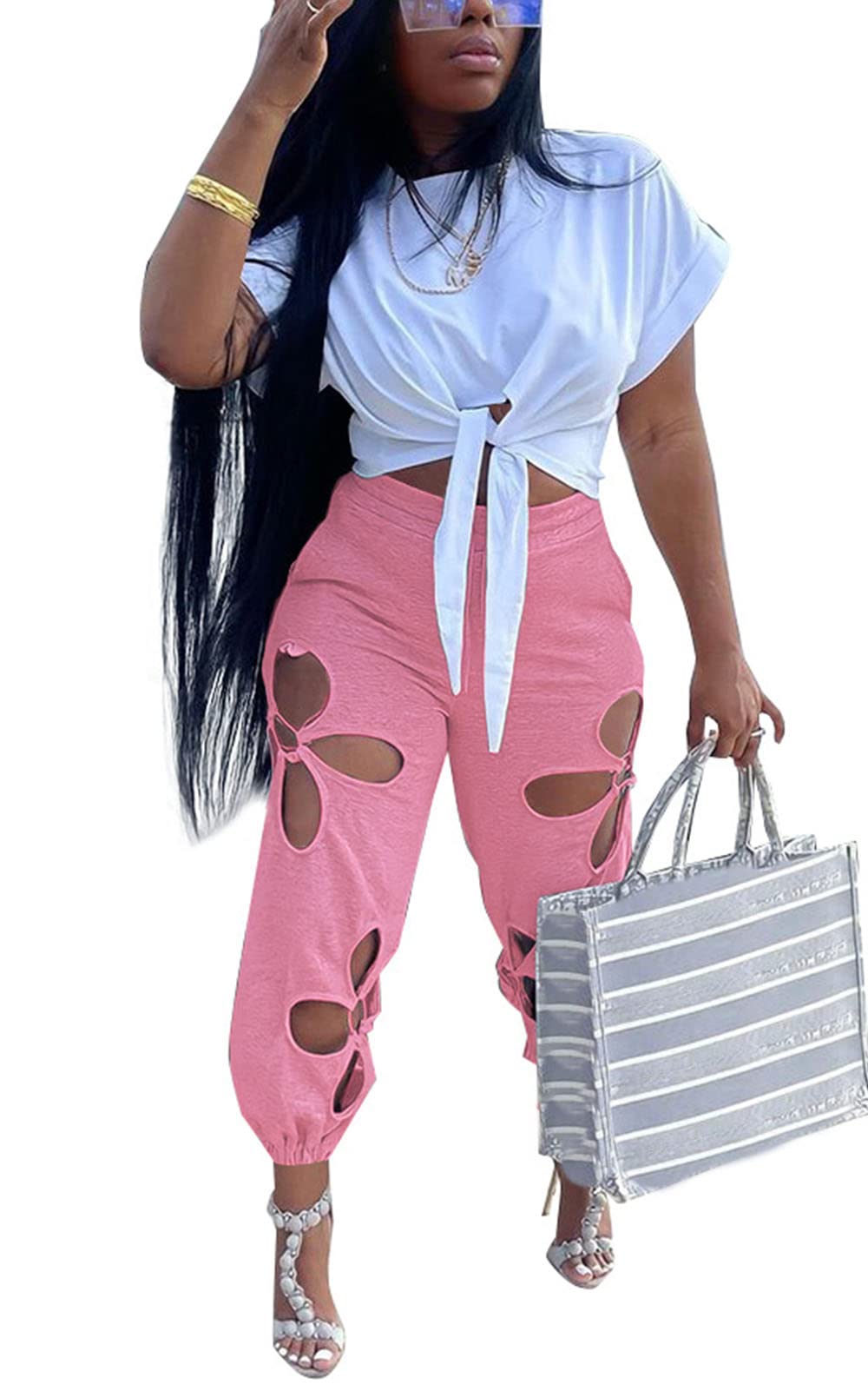 KEYUFANG Women 2 Piece Outfits Set Casual Crop Top Shirt Hollowed Out Sweatpants Women Fashion Tracksuit