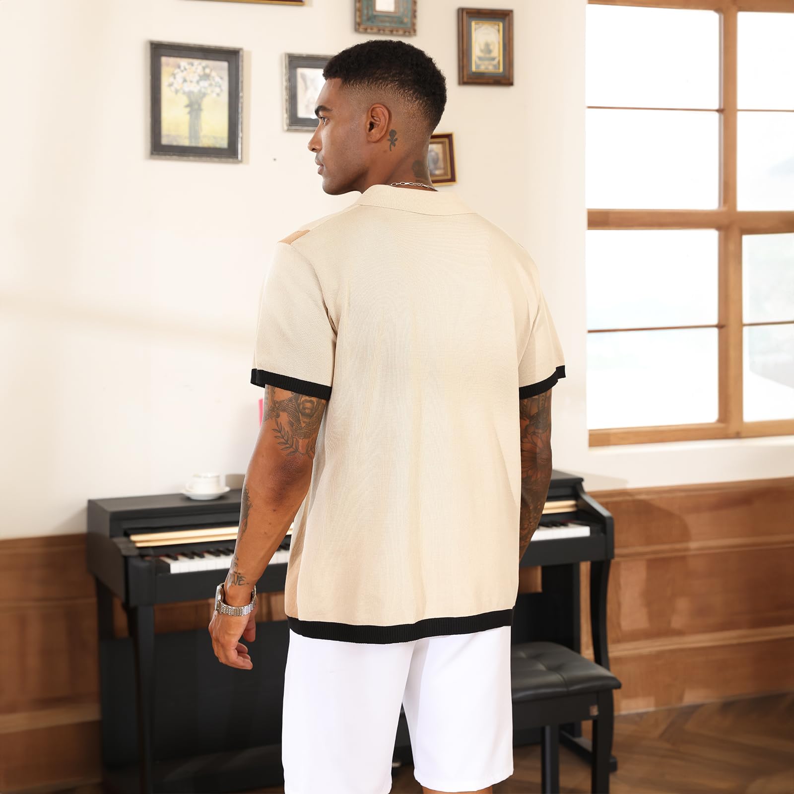 Men's Fashion Polo Shirts Vintage Striped Knitting Shirts Casual Slim Fit Golf Shirts