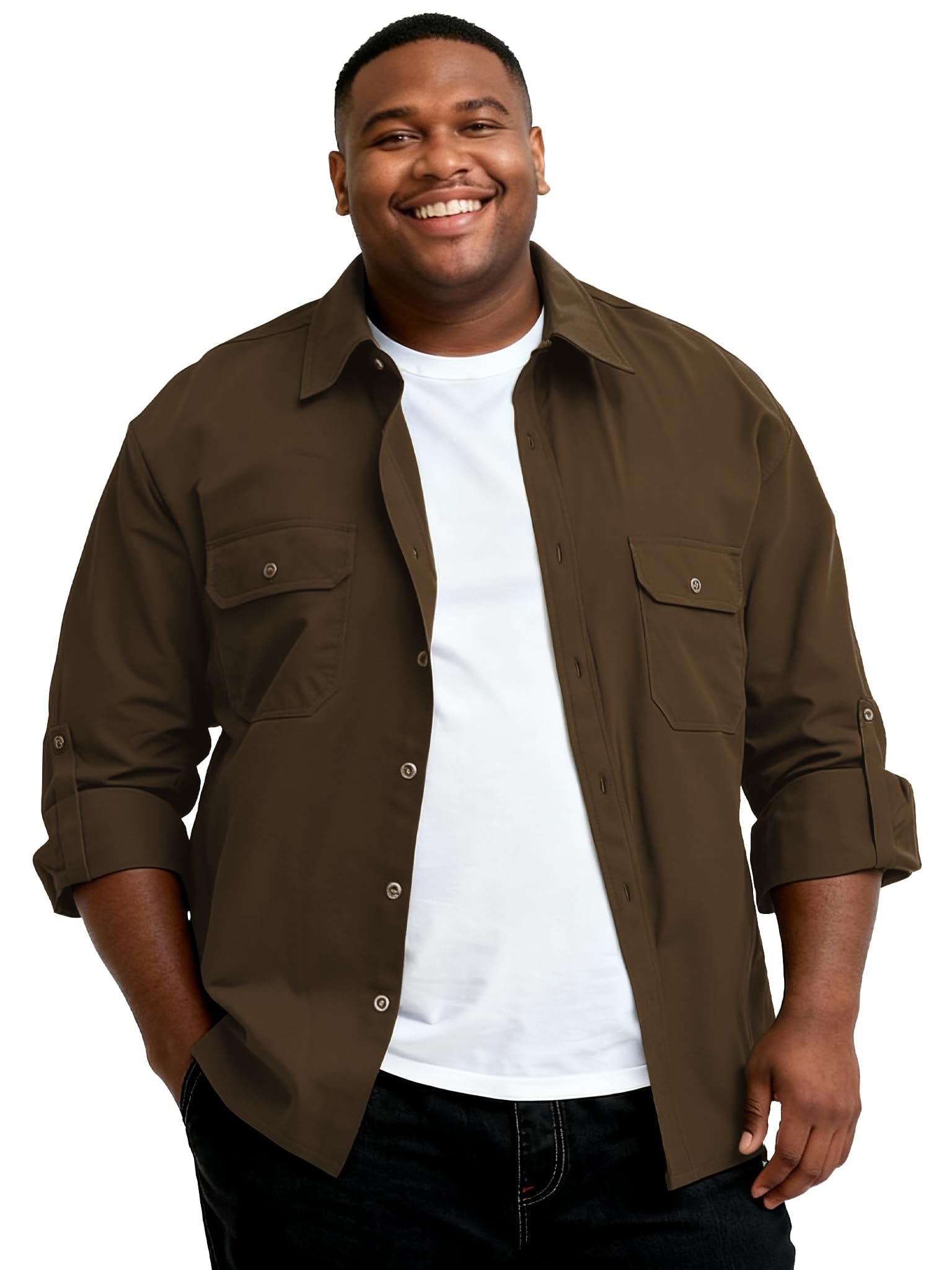 Big and Tall Shirts for Men,Button Down Work Shirt with Roll-Up Sleeves and Utility Pockets,Casual Outdoor Western Fit
