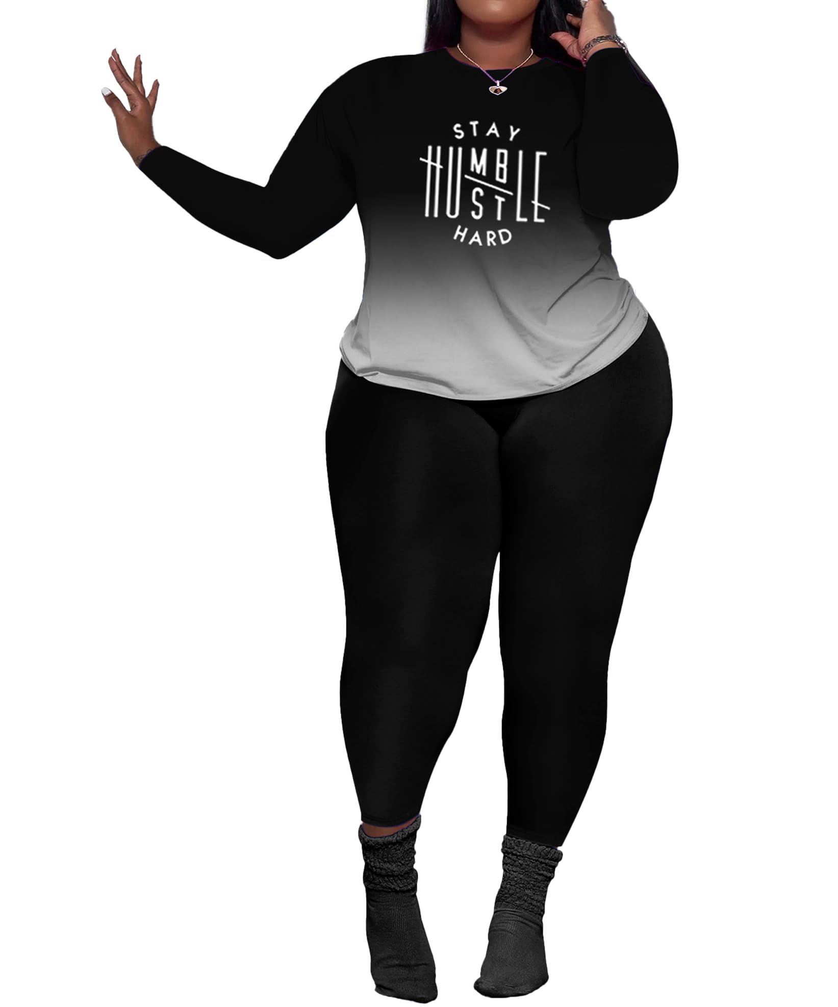 PINSV Women's Plus Size 2 Piece Outfits Tracksuits Long Sleeve Top Pants Sets Sweatsuit