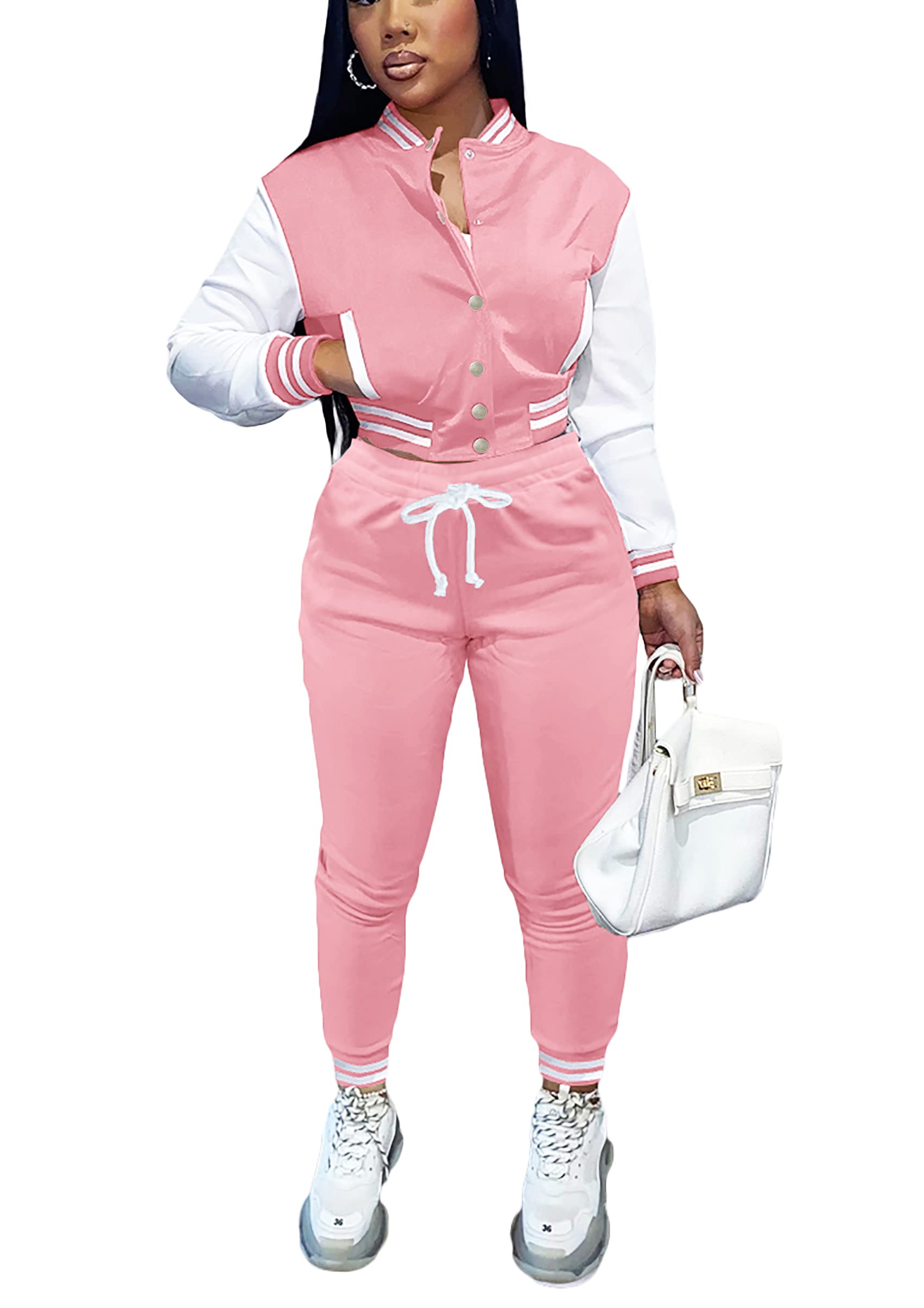 Fooullaide Women's Varsity Jacket Sweatsuit 2 Piece Tracksuit Crop Top Button Down Letterman Jackets Pants Sets