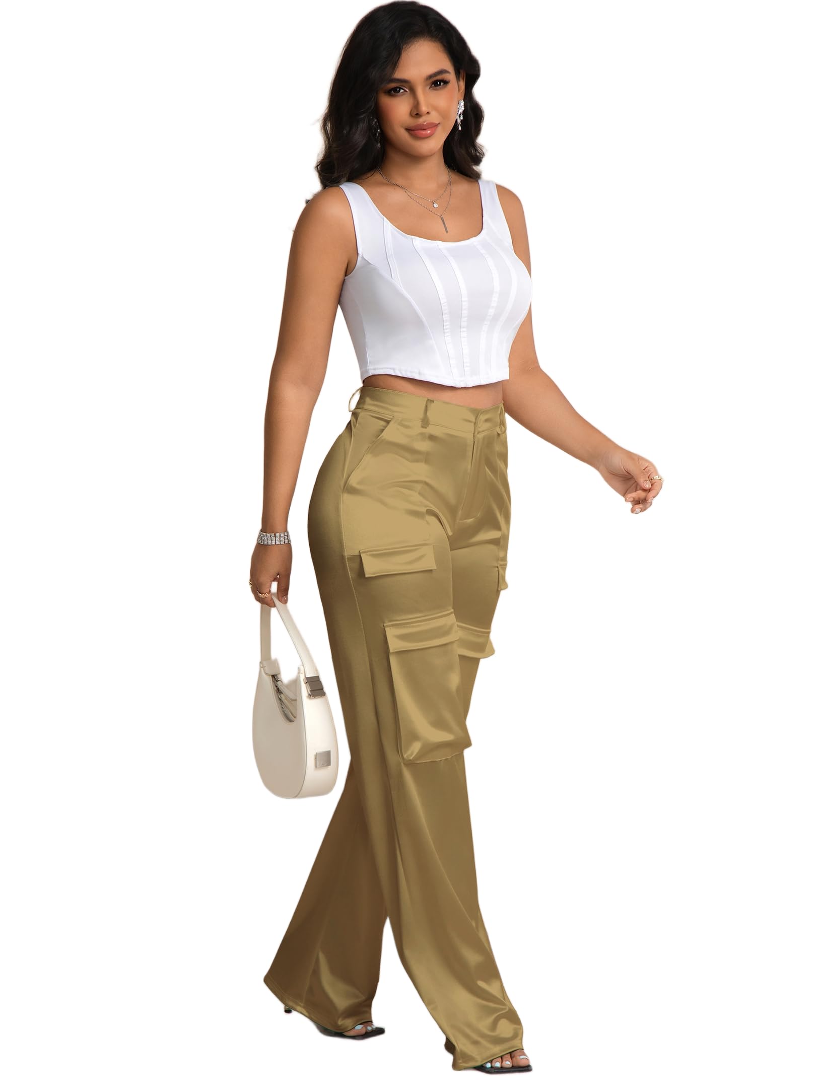 Aressdom Metallic Satin Cargo Pants for Women High Waisted Wide Leg Pants with Pockets, Dressy Going Out Concert Outfits