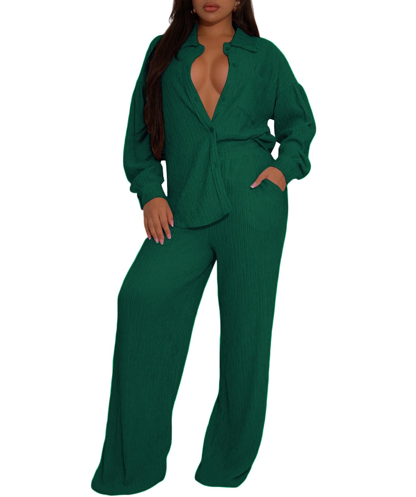 Ophestin Women 2 Piece Dressy Outfits Casual Pleated Long Sleeve Button Down Shirt Wide Leg Pants Loungewear Matching Sets