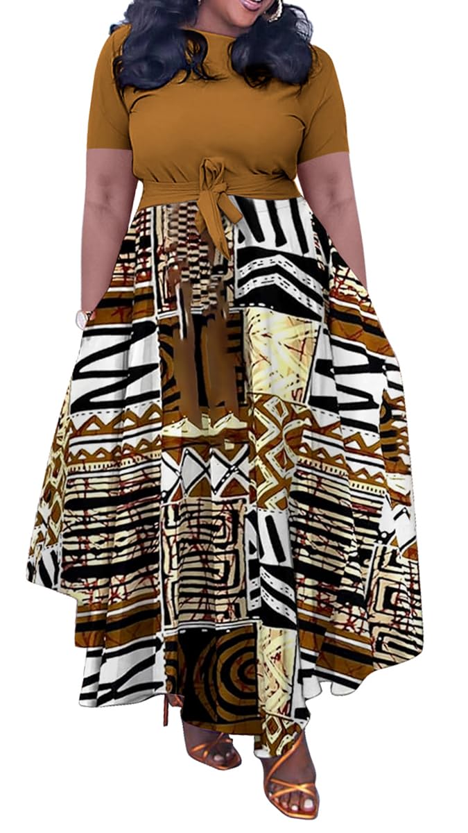 BFFBABY Plus Size Dress A Line Dresses for Women Summer Long Dresses with Sleeve Casual Belted