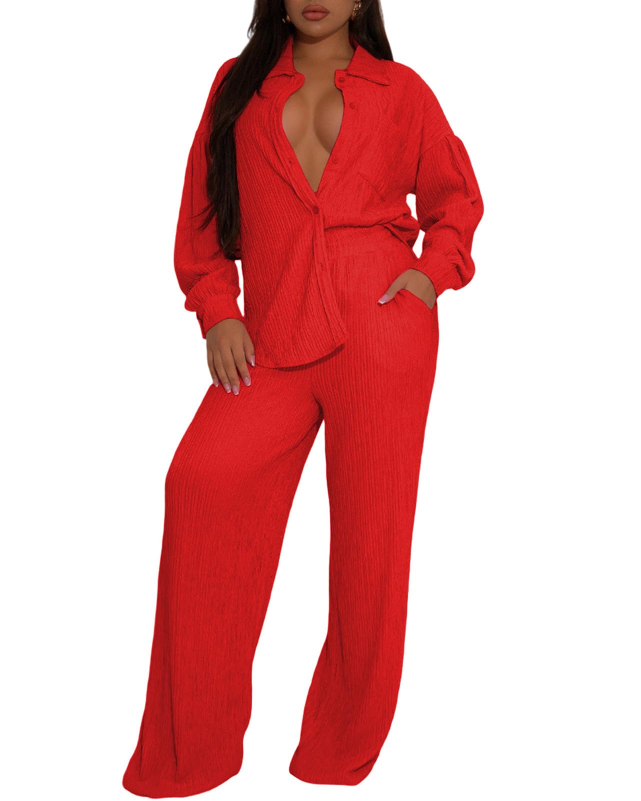 Ophestin Women 2 Piece Dressy Outfits Casual Pleated Long Sleeve Button Down Shirt Wide Leg Pants Loungewear Matching Sets