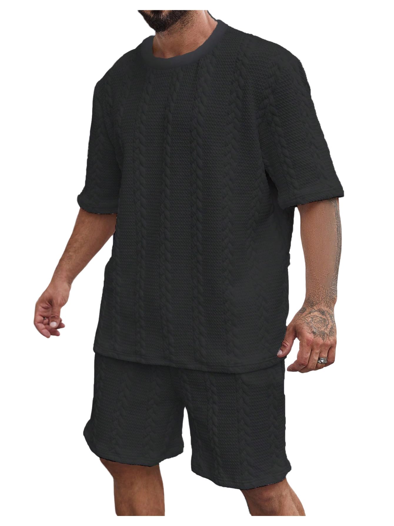 GORGLITTER Men's Big and Tall Vacation Beach Outfits Cable Knit Short Sleeve T Shirt Shorts Set