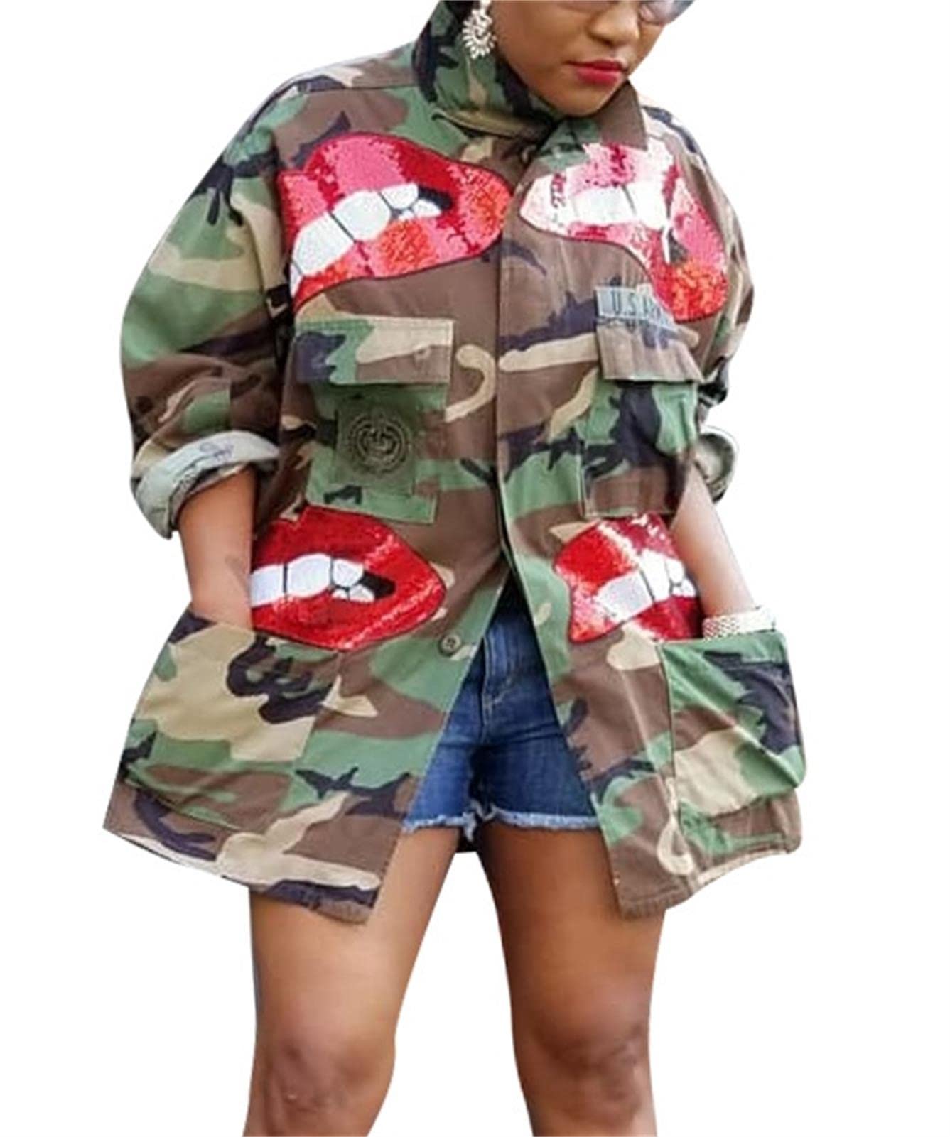 Sexy Camouflage Jacket for Women Army Fatigue Long Cargo Jackets Trench Coat Plus Size